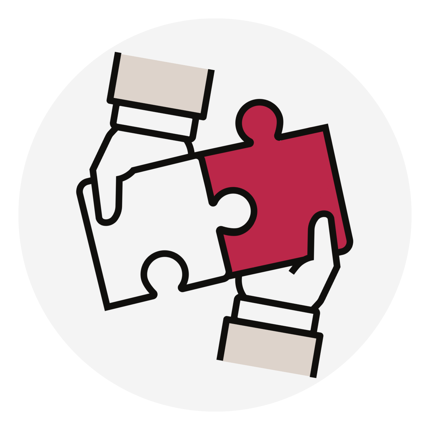 Two hands exchanging puzzle pieces, one red and one white, symbolizing collaboration or partnership.