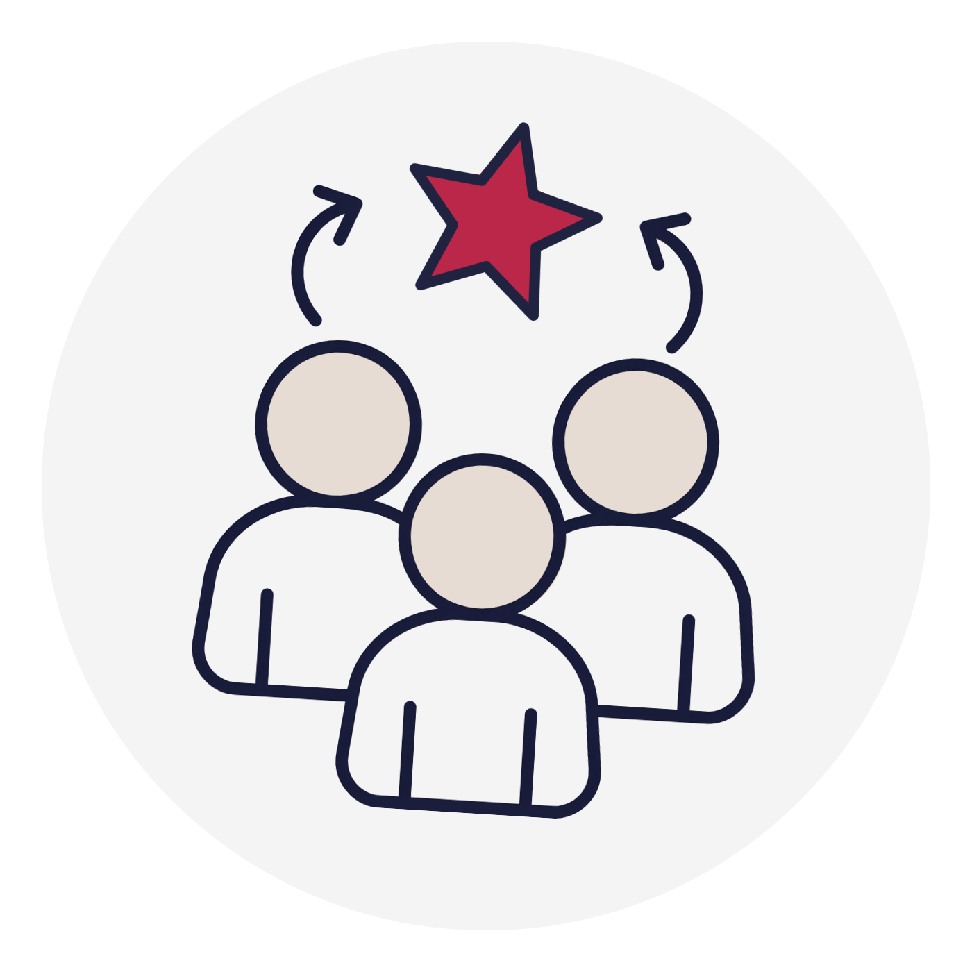 Three stylized human figures with an upward red star and circular arrows indicating teamwork or collaboration.