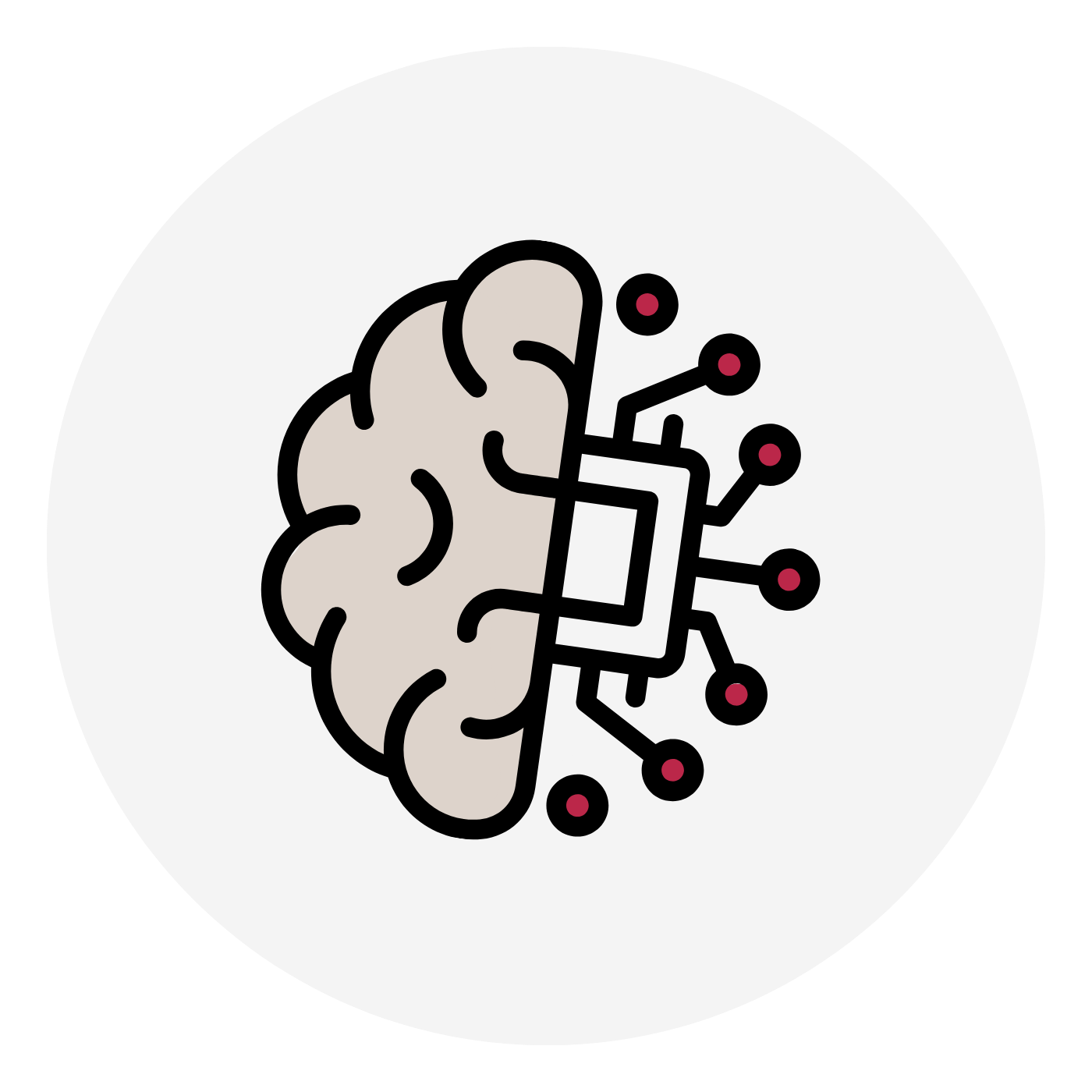 Illustration of a brain half human and half technological with circuit elements on a gray circular background.