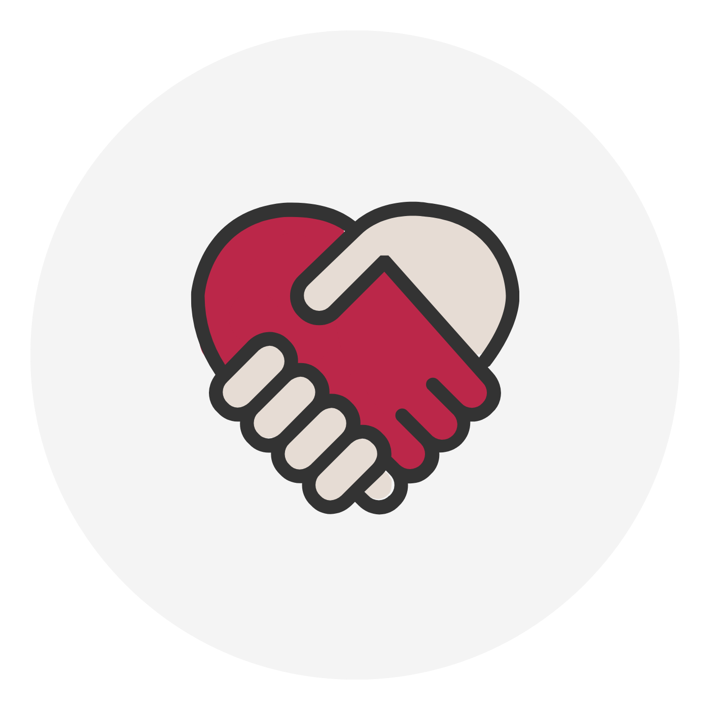 A graphic of two hands shaking in the shape of a heart, with one hand in red and the other in beige, symbolizing unity and support.