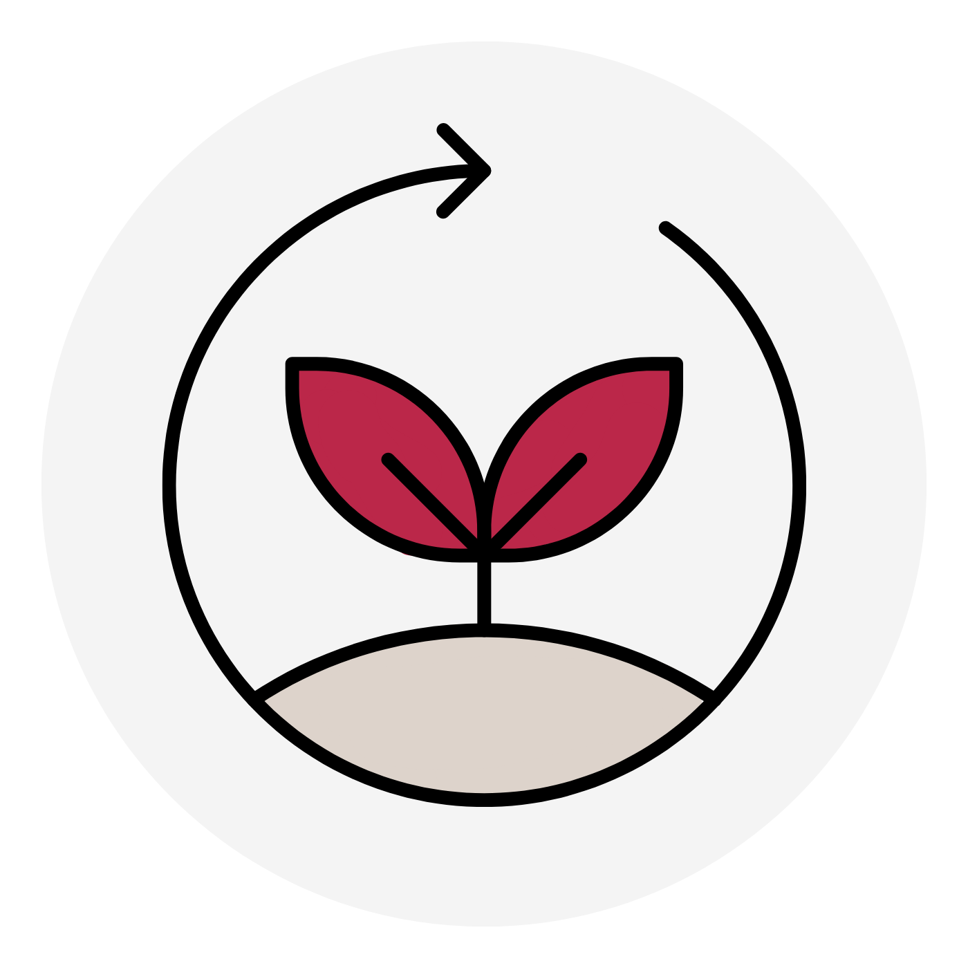 Circular icon of a young plant with red leaves on a small hill, enclosed in a circle with an arrow curving around it indicating growth or recycling.