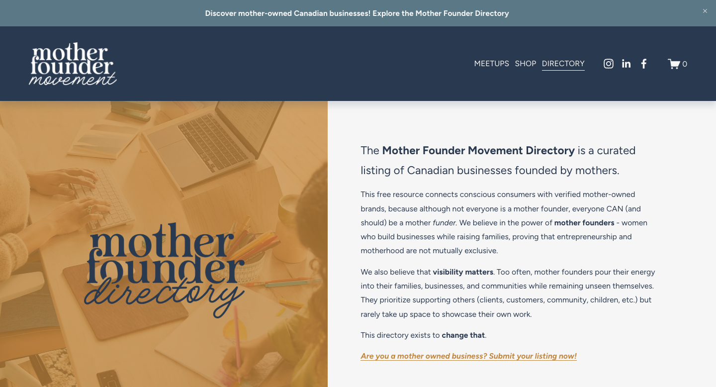 Screenshot of the Mother Founder Movement website with a blurred background image of women working at a table with laptops and notebooks. The text over the image reads "mother founder directory" in blue font.