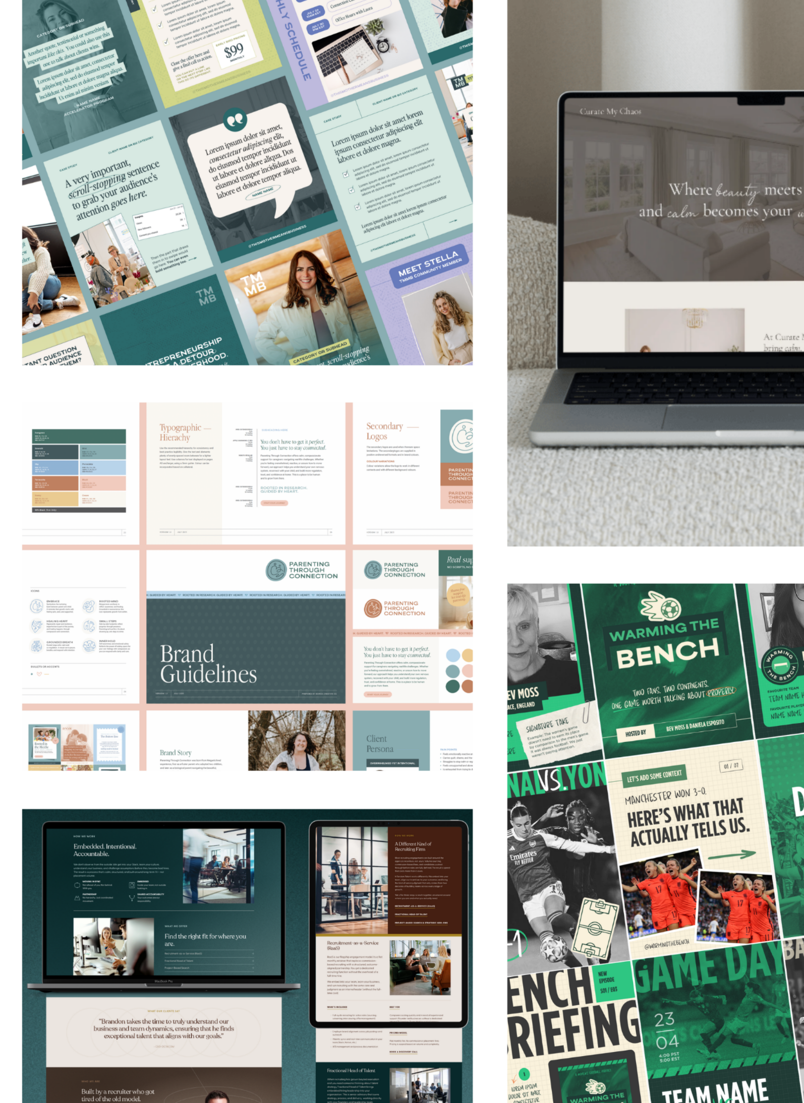 Multiple digital screens and printed materials displaying business, branding, sports, and event content. Includes images of people, text, and graphics related to marketing, sports, and corporate branding.