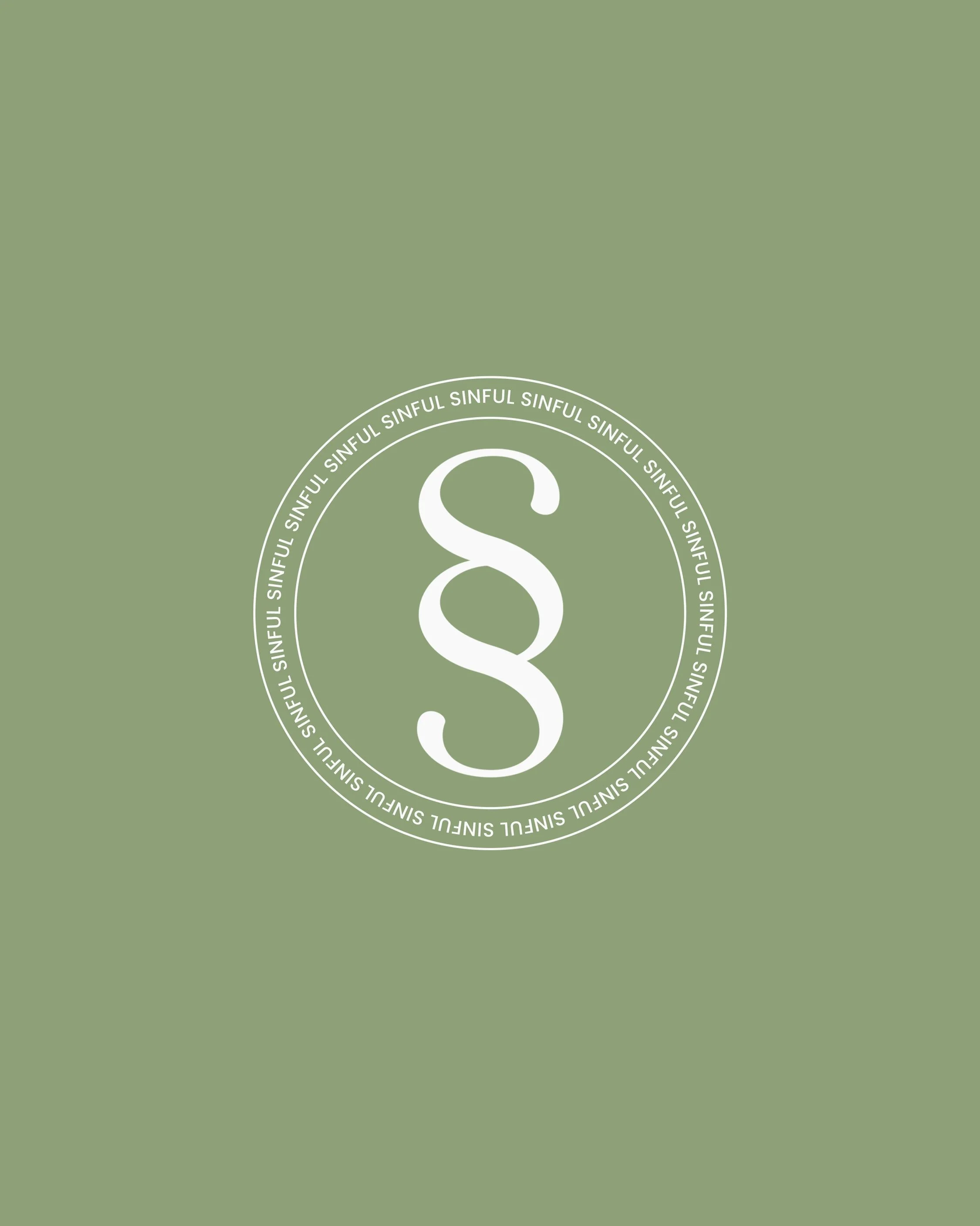 Close-up of a circular emblem with a snake and the words 'SINFUL' repeated around the border, set against a muted green background.