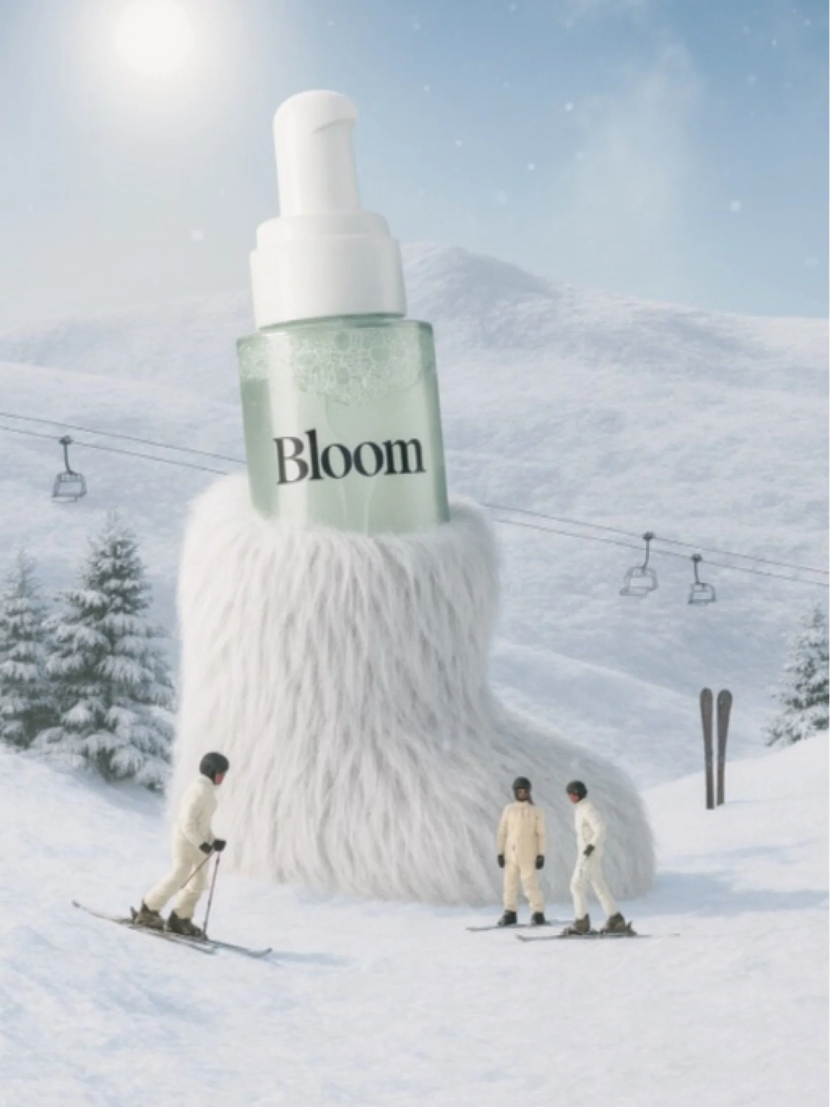 A ski resort scene featuring a large, cylindrical branded snowblower labeled 'Bloom' snow blowing snow into the air, with skiers and snowboarders dressed in white winter gear on a snowy slope, and ski lift chairs in the background under a clear sky.