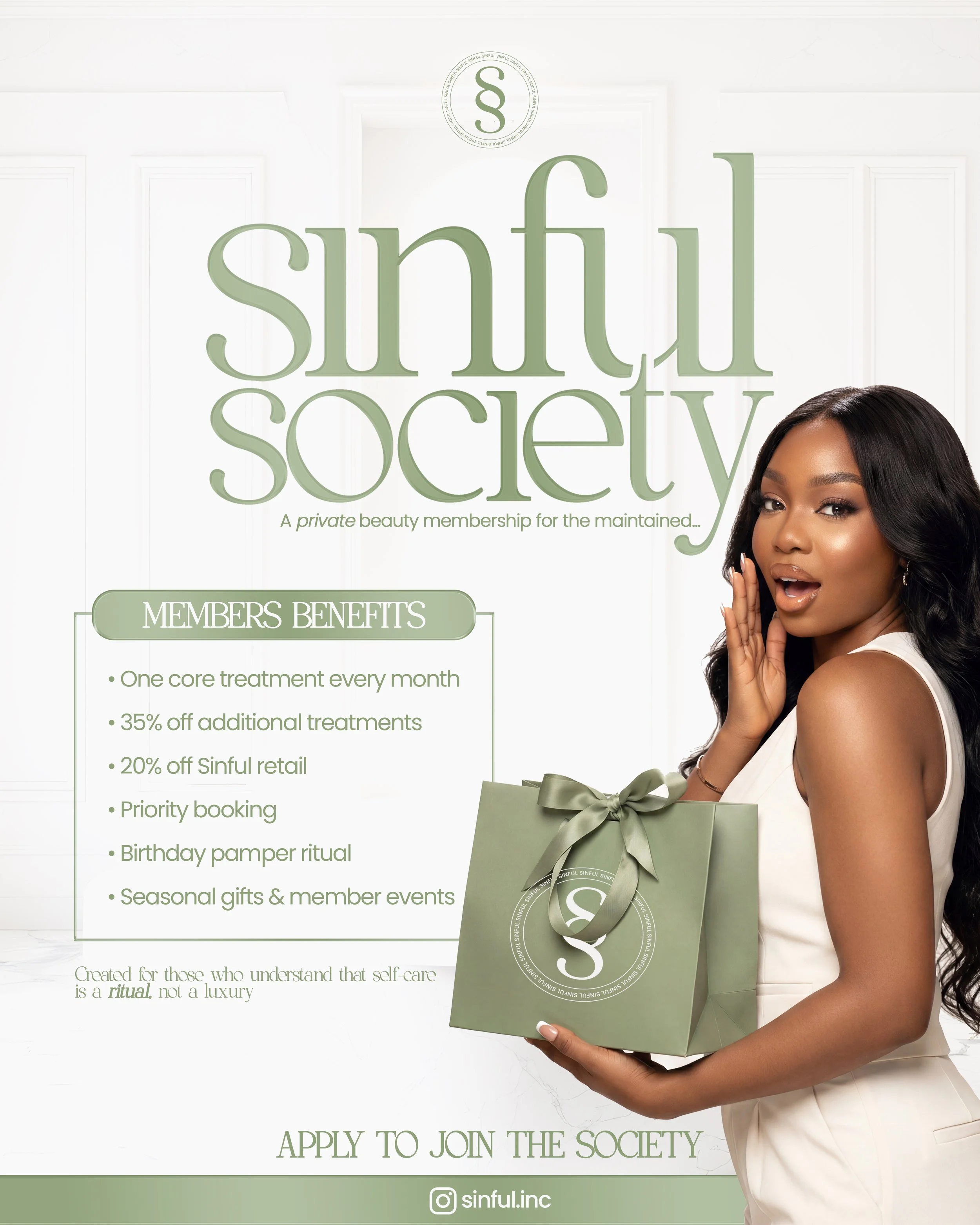 A woman holding a green gift bag with a white section with a logo and a ribbon, smiling and touching her face, against a background of a white door with a hanging sign that says 'sinful society'. The image promotes a beauty society with benefits for members.