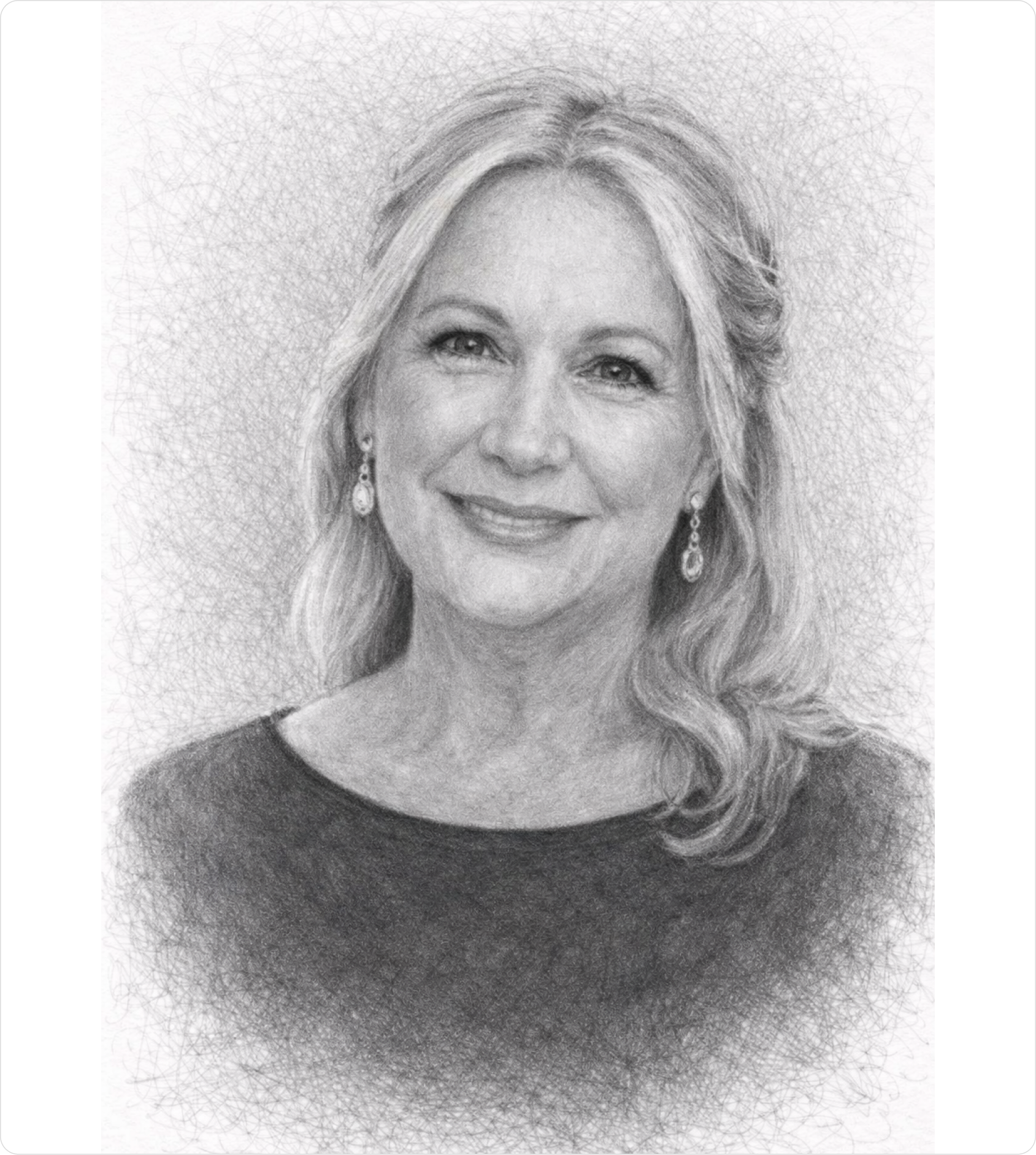 Pencil-sketch portrait illustration of Bev Descoteaux, ManualShift team member