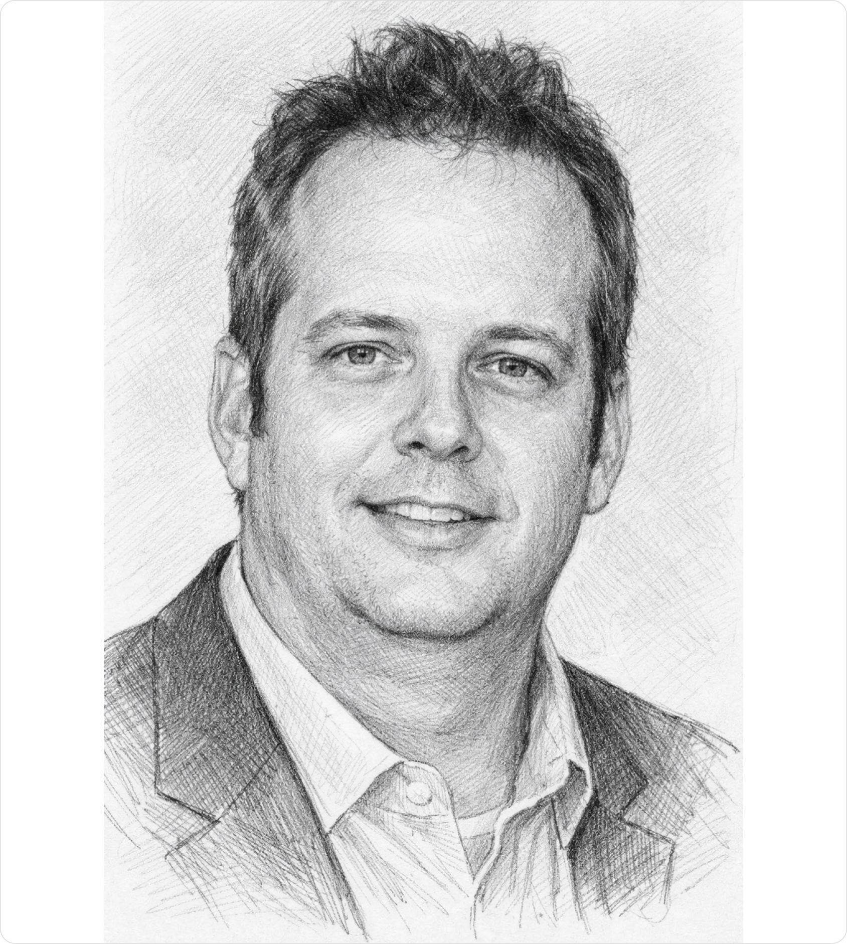Pencil-sketch portrait illustration of Jim Green, ManualShift team member