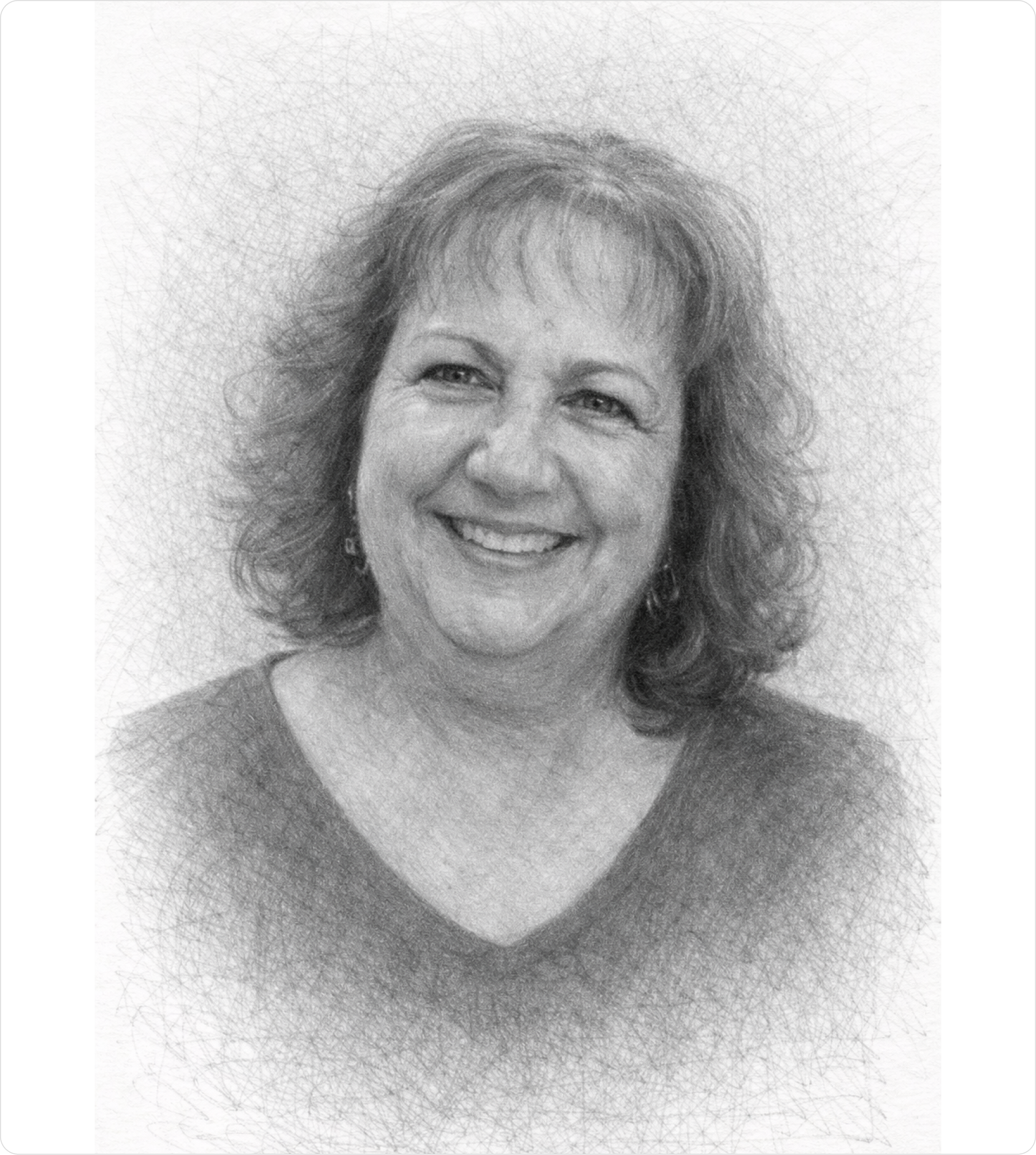 Pencil-sketch portrait illustration of Sue Hamilton, ManualShift team member