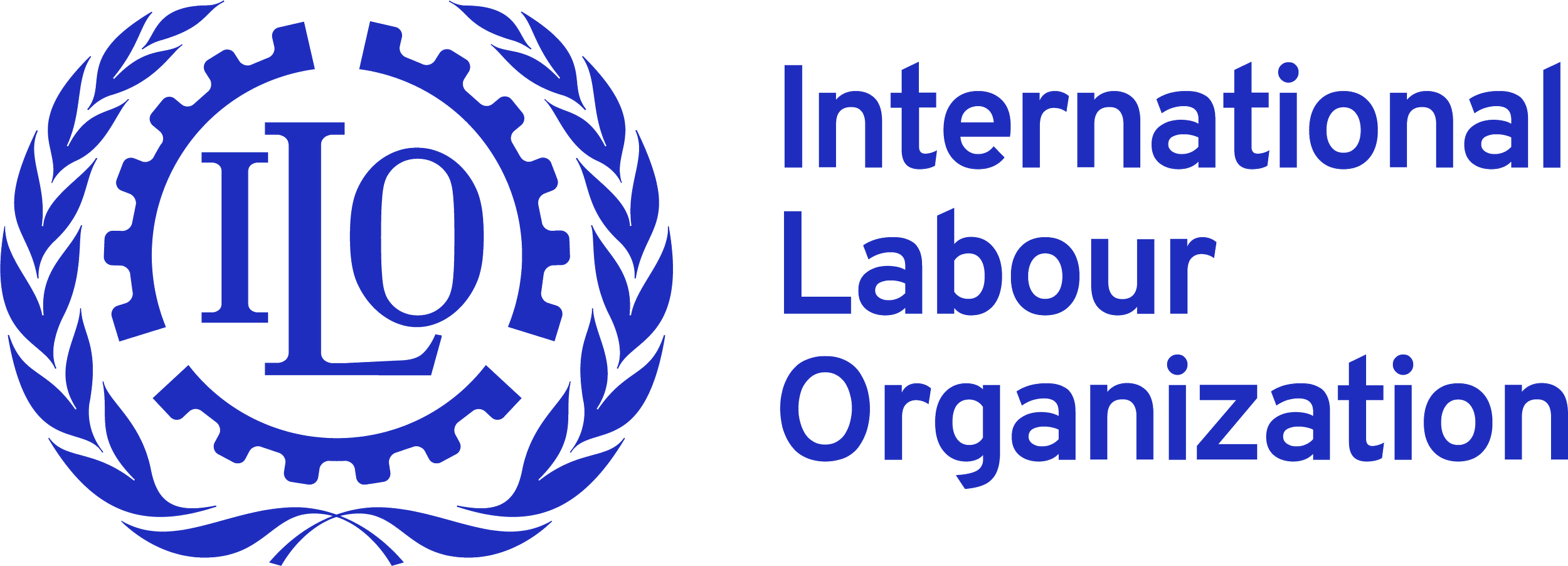 The logo of the International Labour Organization, featuring a blue gear encircled by a laurel wreath, with the organization's name beside it.