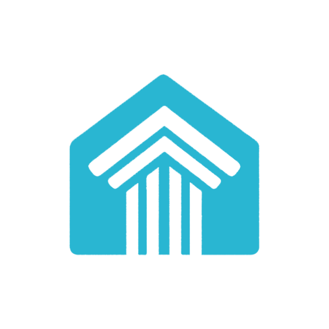 Stylized blue and black arrow pointing upward, integrated into a house-shaped outline.