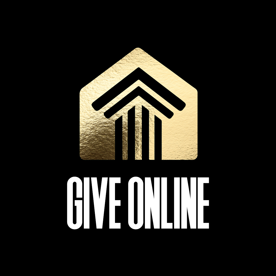 Black background with a gold house icon and upward arrows, and the text 'GIVE ONLINE' in white.