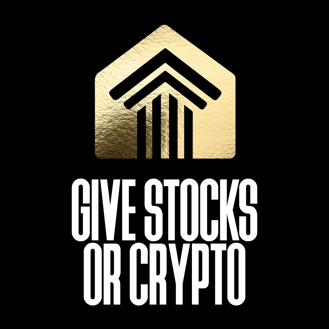 Logo with a gold and black house icon and the text 'GIVE STOCKS OR CRYPTO' in bold white letters.