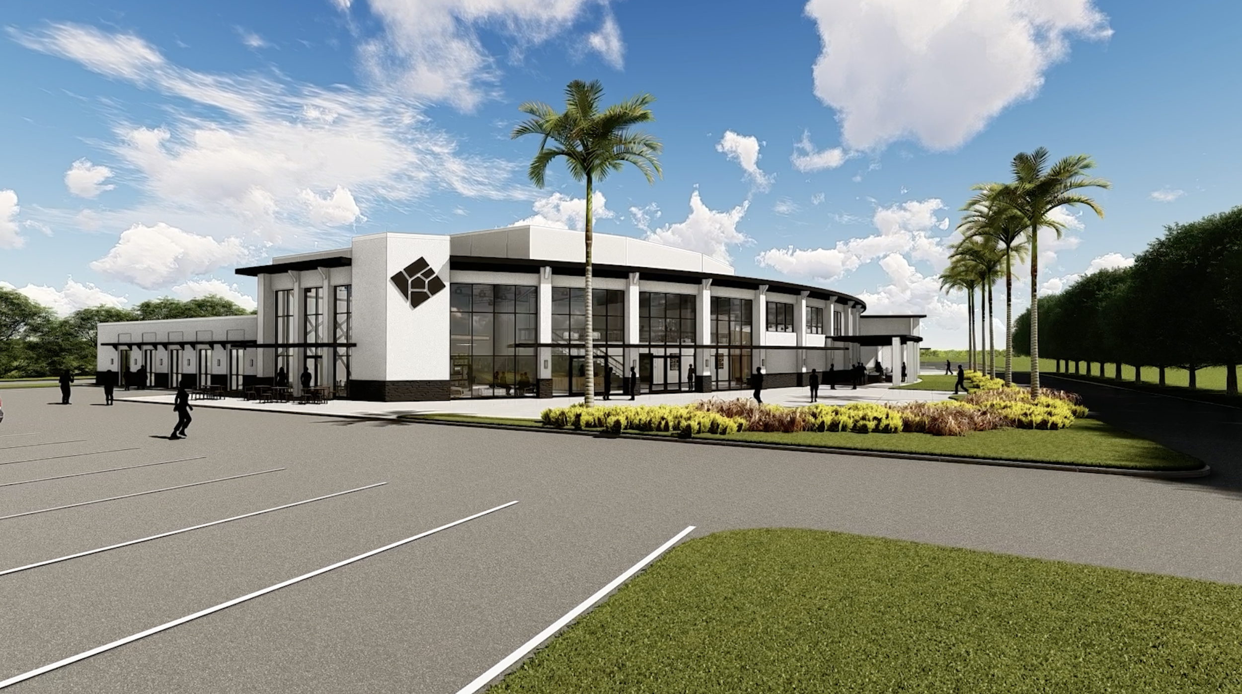 Rendering of a modern commercial building with glass windows, surrounded by palm trees and landscaped bushes, with a parking lot and people walking around on a sunny day with blue skies and scattered clouds.
