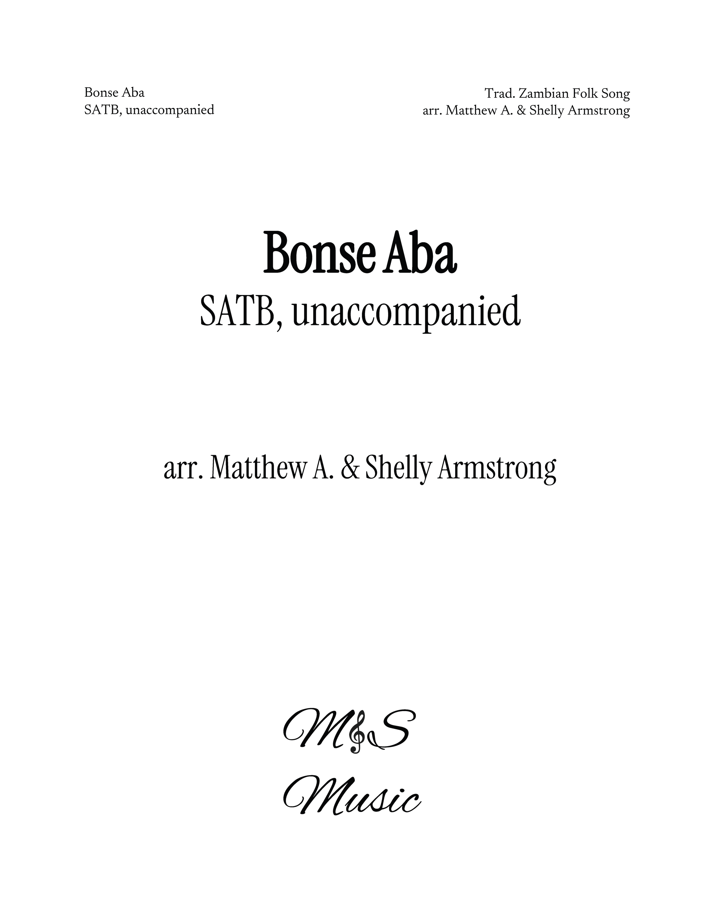 Cover of sheet music titled "Bonse Aba," a "Traditional Zambian Folk Song" arranged by Matthew A. and Shelly Armstrong.