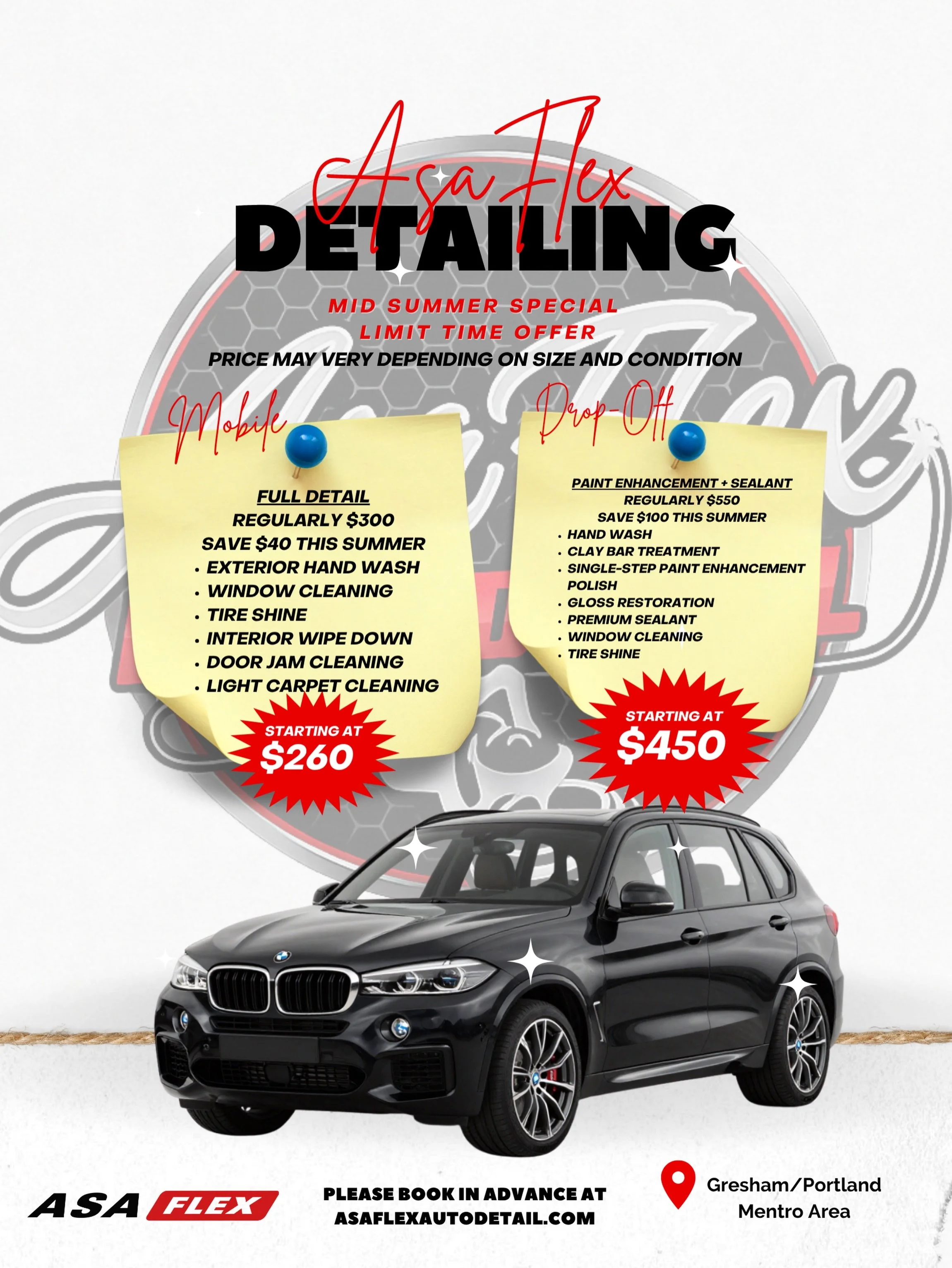Mid-summer special for a limited time. Book online, send a DM, or text me and I can help get you set up. 

Make sure to share! 

Asaflexautodetail.com