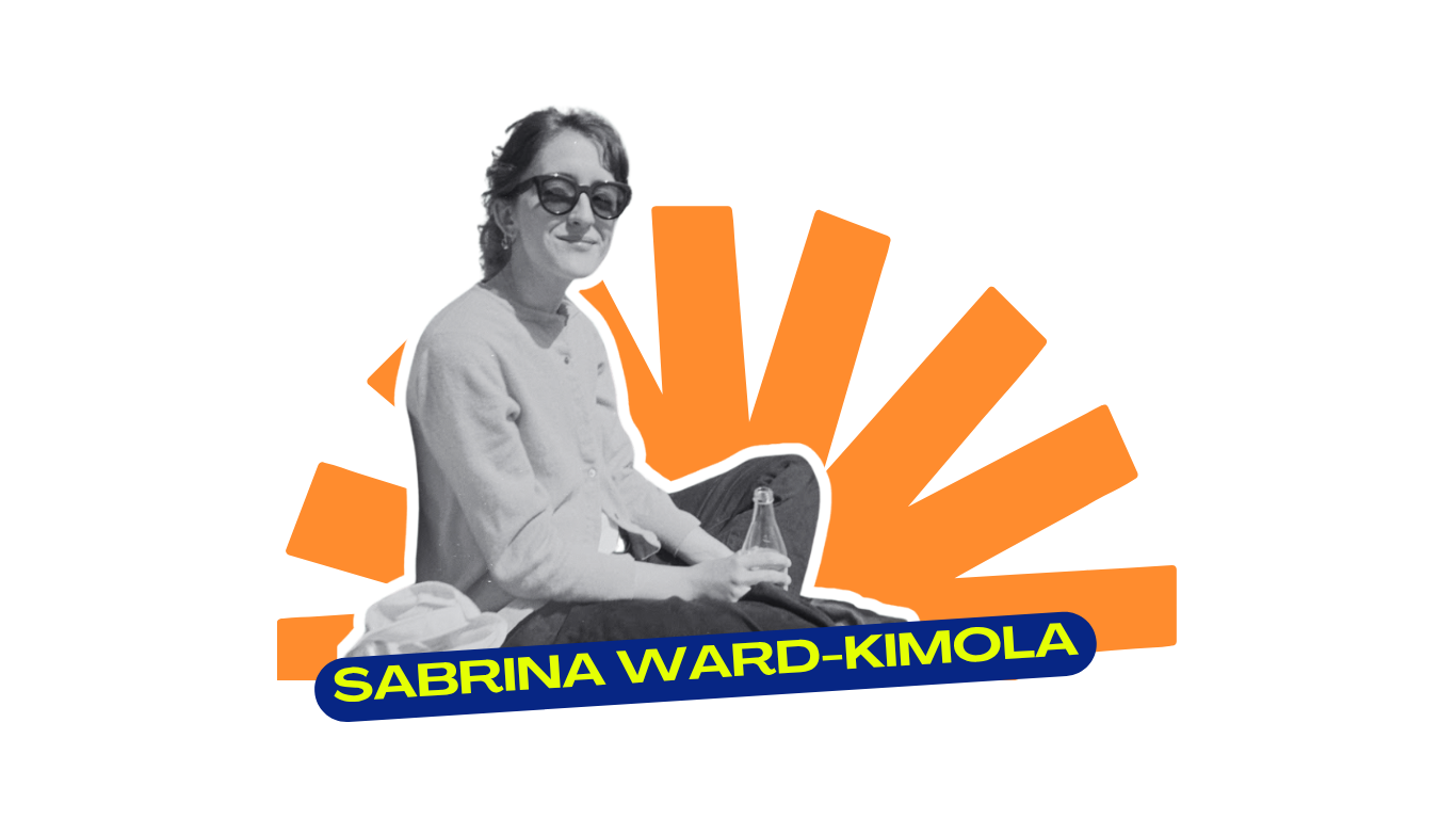 A black and white photo of woman, wearing sunglasses and sitting. There is an orange background and the name "SABRINA WARD-KIMOLA" in yellow on a blue banner.