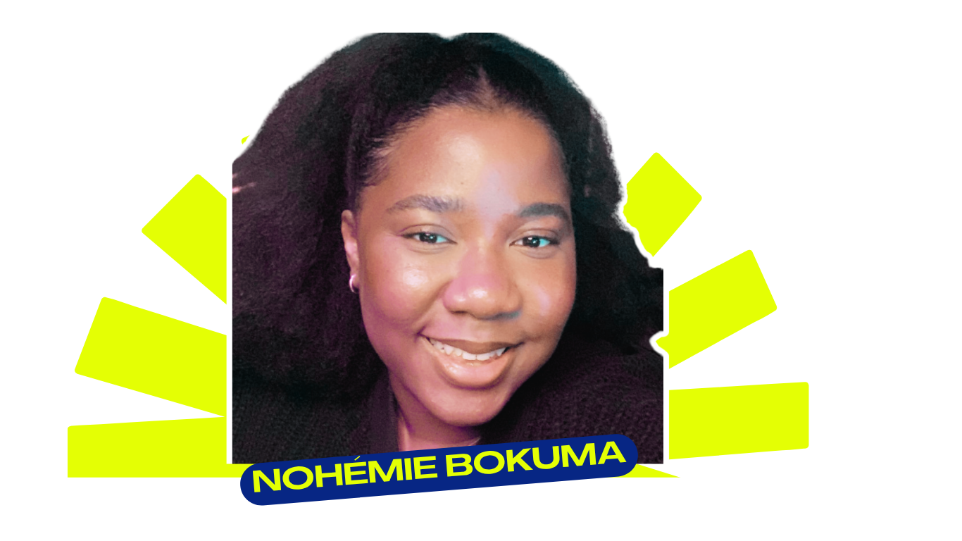 A woman with dark hair, brown eyes, and earrings. The text overlay says 'Nohémie Bokuma' in bold, yellow letters on a dark blue stripe.
