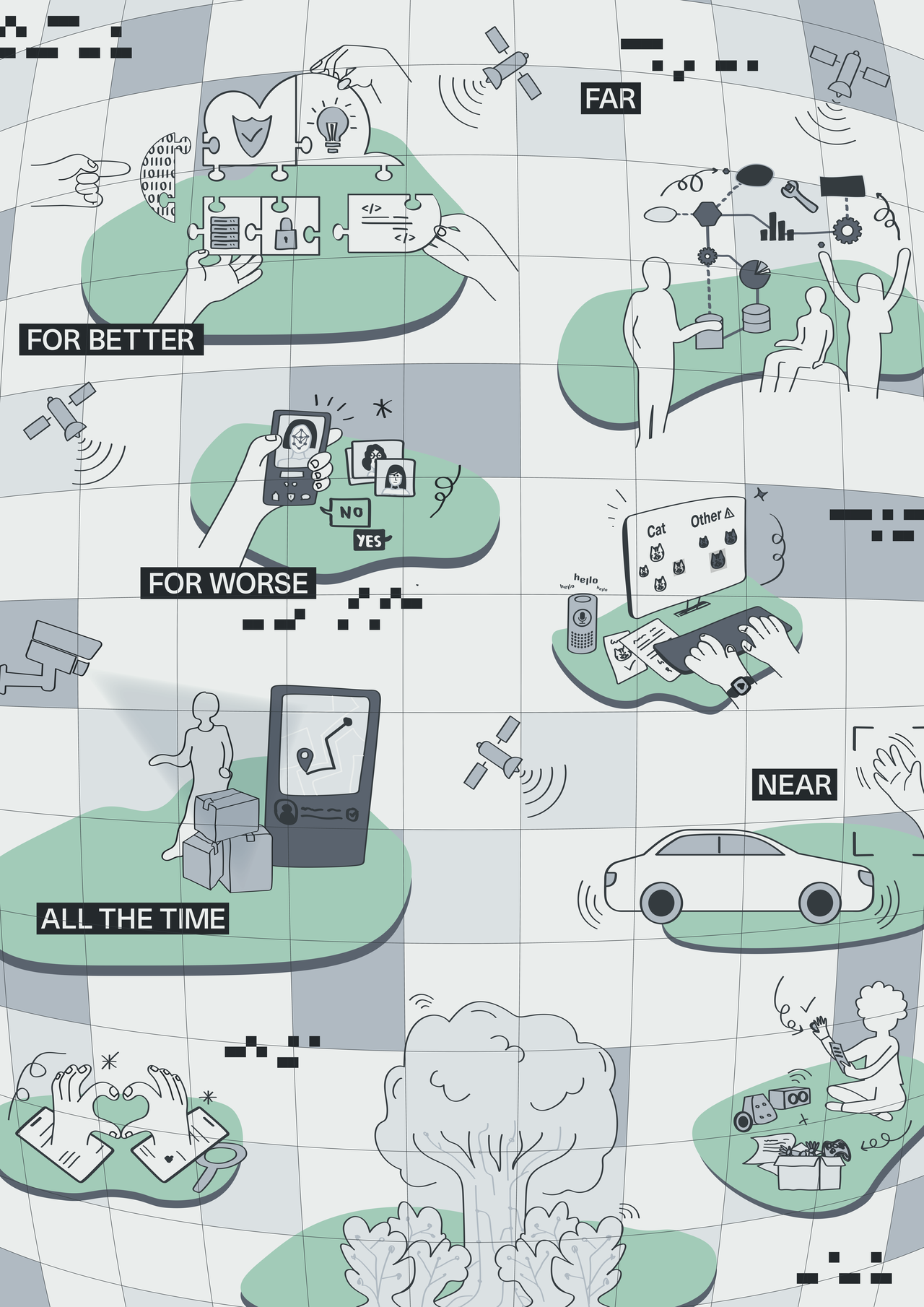 Illustration depicting various modern technology and science concepts, including satellite communication, data analysis, coding, AI, GPS navigation, and environmental data, with labels such as 'FOR BETTER,' 'FOR WORSE,' 'NEAR,' and 'ALL THE TIME'.
