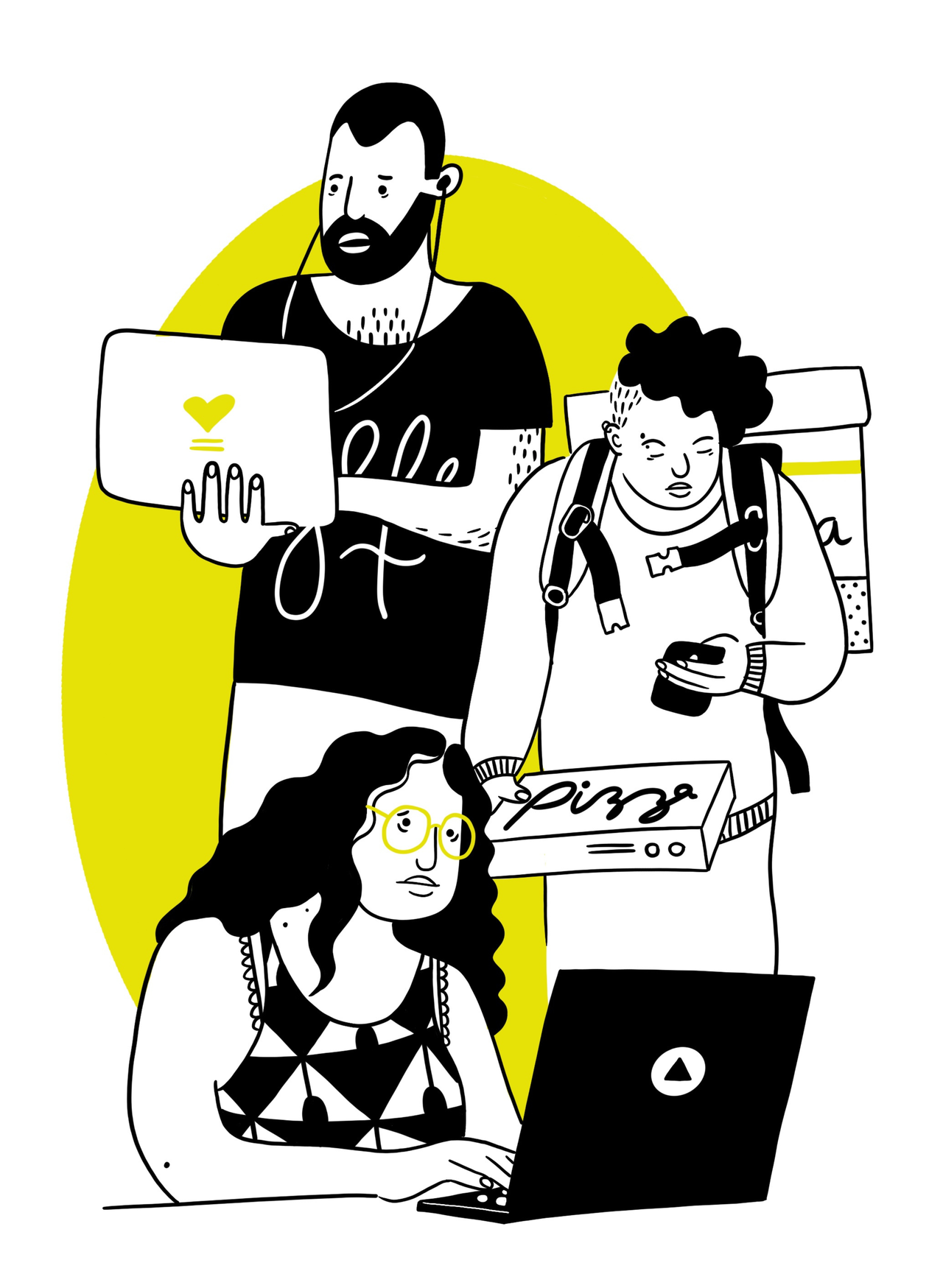 Three isolated people using laptops and phones to work in simple line-art illustration, mostly in black and white and with lime green accents.