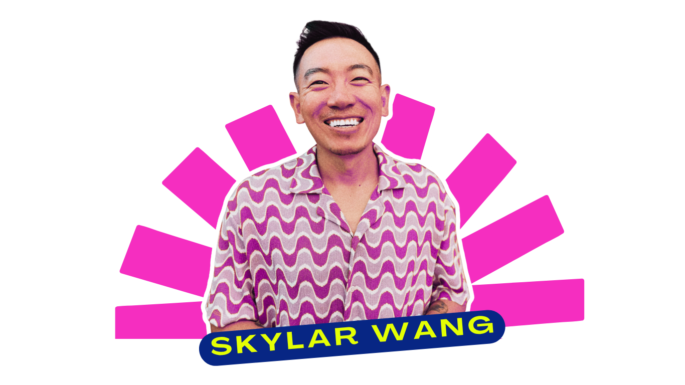 A smiling man with short dark hair, wearing a patterned shirt, with a pink geometric background and the text 'SKYLER WANG' at the bottom.