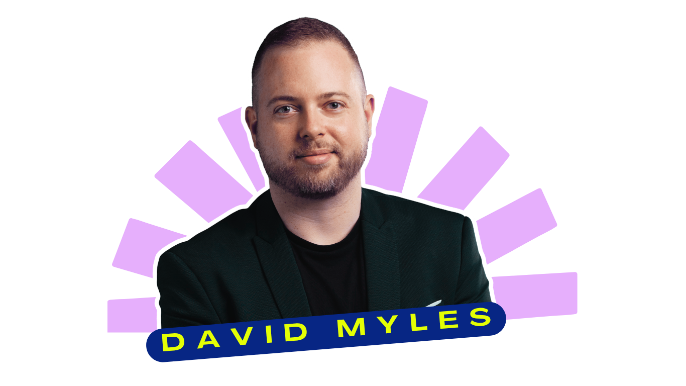 A portrait of a man with short hair, beard, wearing a black blazer over a black shirt. Behind him are purple geometric shapes, and a blue banner with yellow lettering reads "DAVID MYLES".
