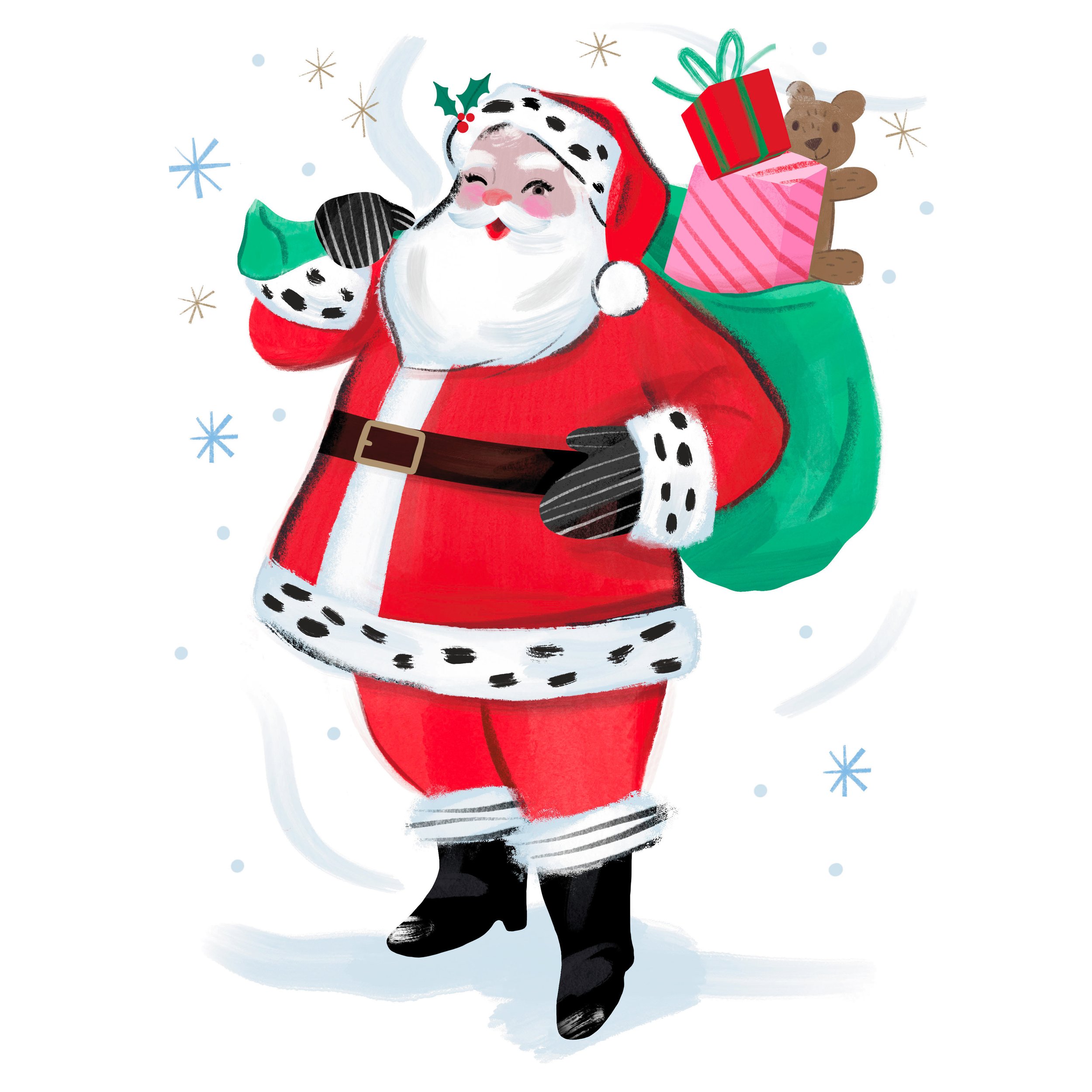 A festive watercolor illustration featuring Santa Claus carrying a green sack filled with wrapped presents and a teddy bear, with snowflakes falling around.