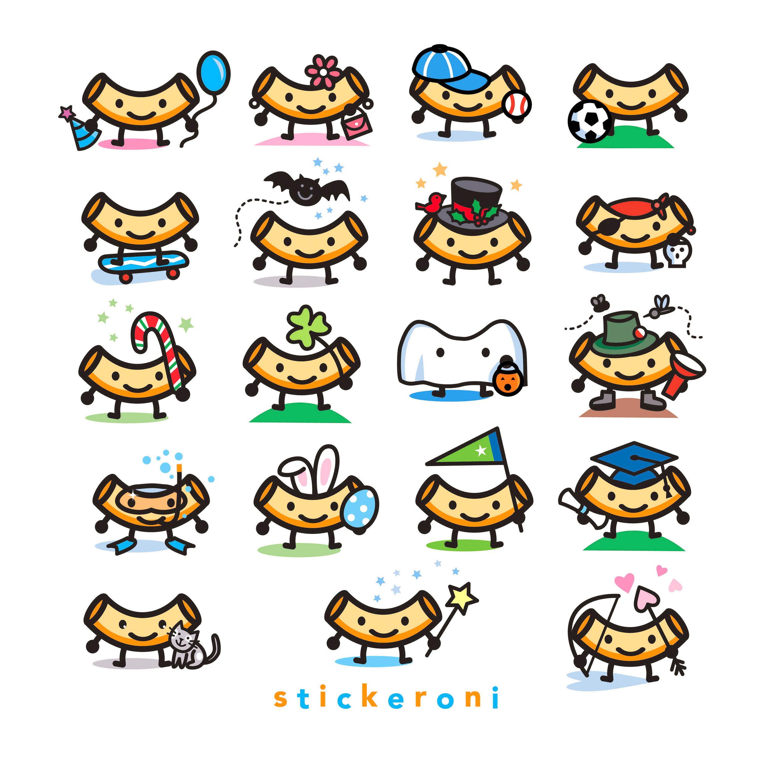 Stickeroni sticker logo character designs with round heads, black eyes, and noodle-shaped bodies in costumes such as a princess, athlete, magician, and pirate.