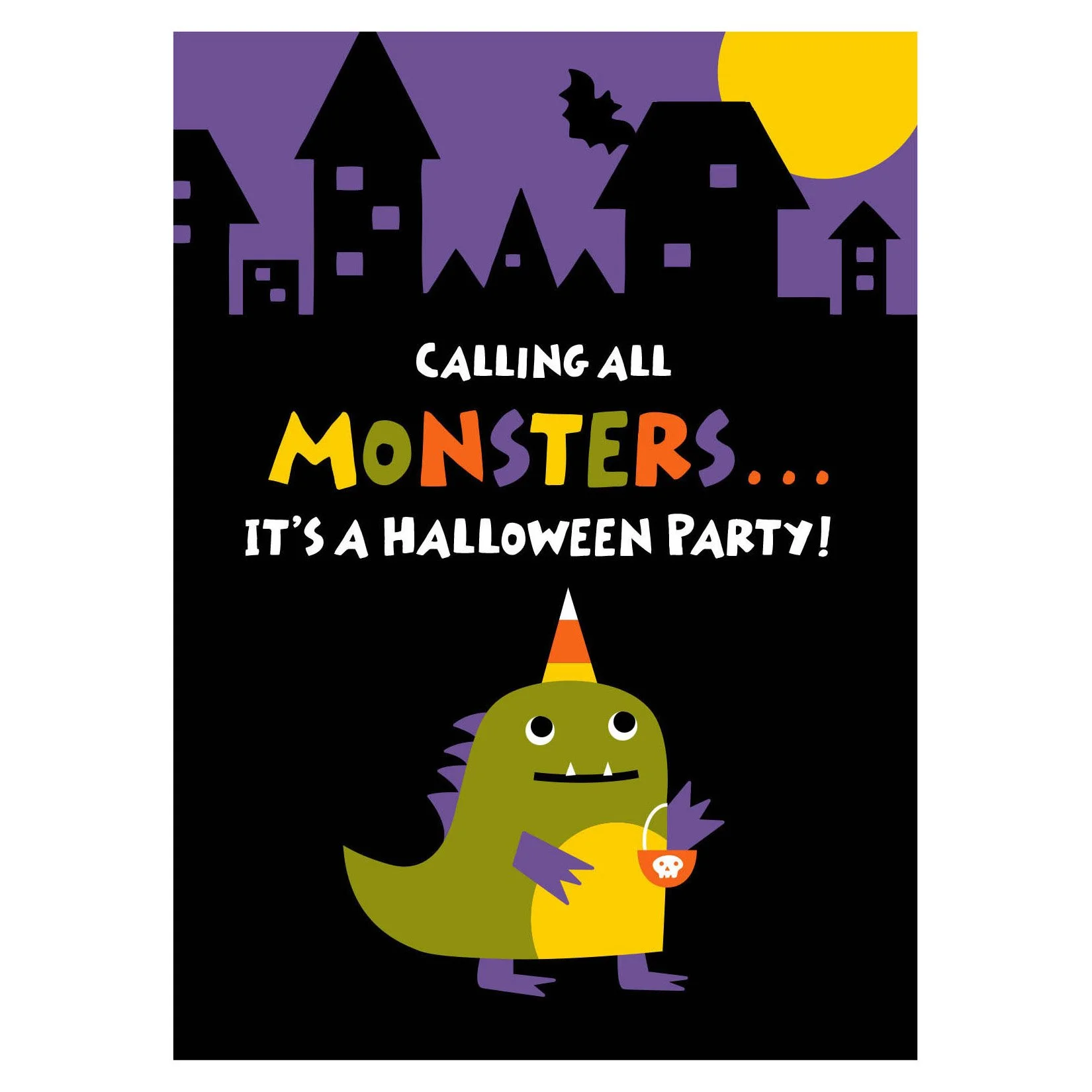 A whimsical Halloween cartoon featuring a green monster with purple spikes, holding a pumpkin-shaped bucket, set against a backdrop of purple houses and a yellow moon, with the text 'Calling all monsters... It's a Halloween party!'