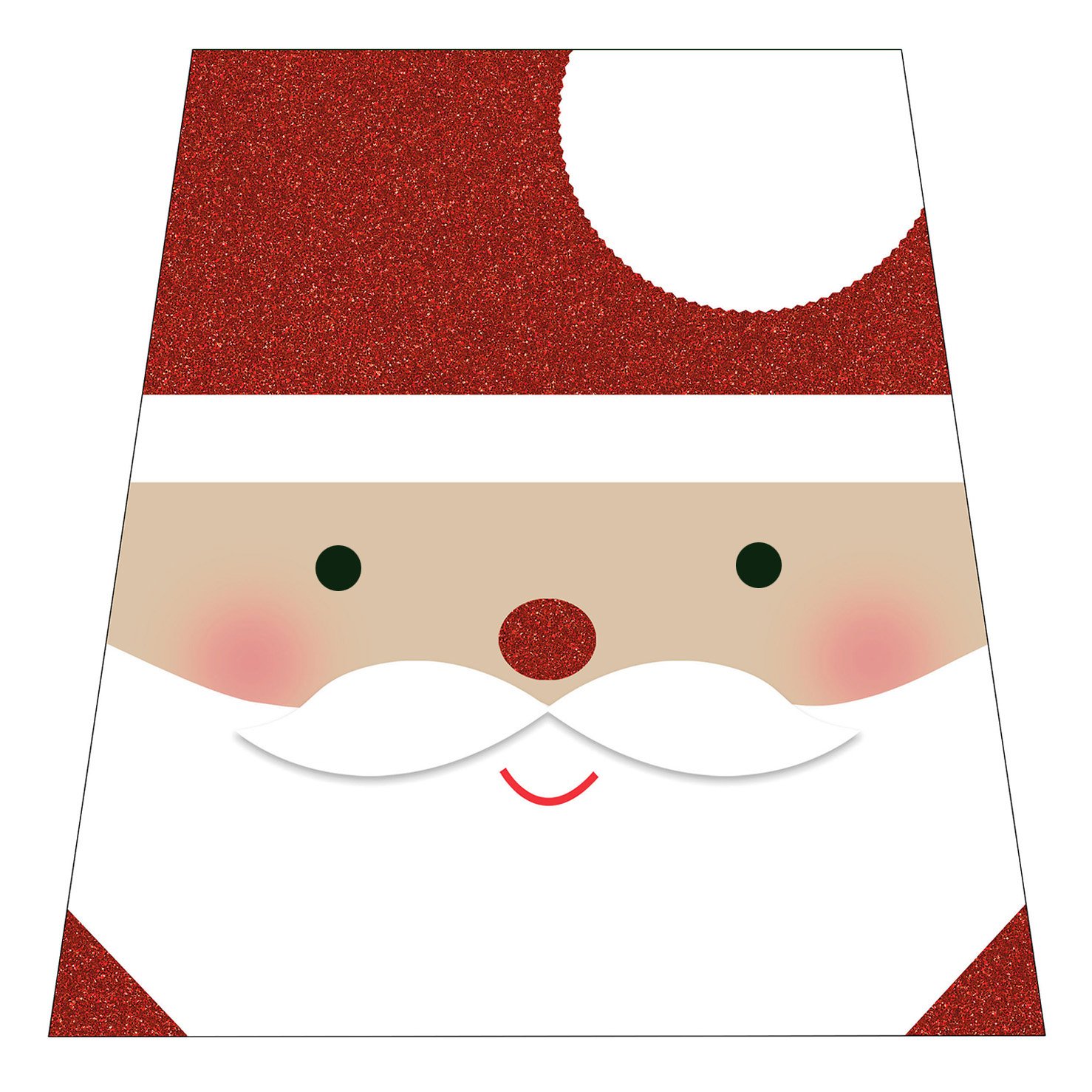 A holiday-themed paper craft featuring a stylized Santa Claus face with a red glitter top, beige face with blush cheeks, black eyes, a red nose, a white mustache, and a small red curved mouth.