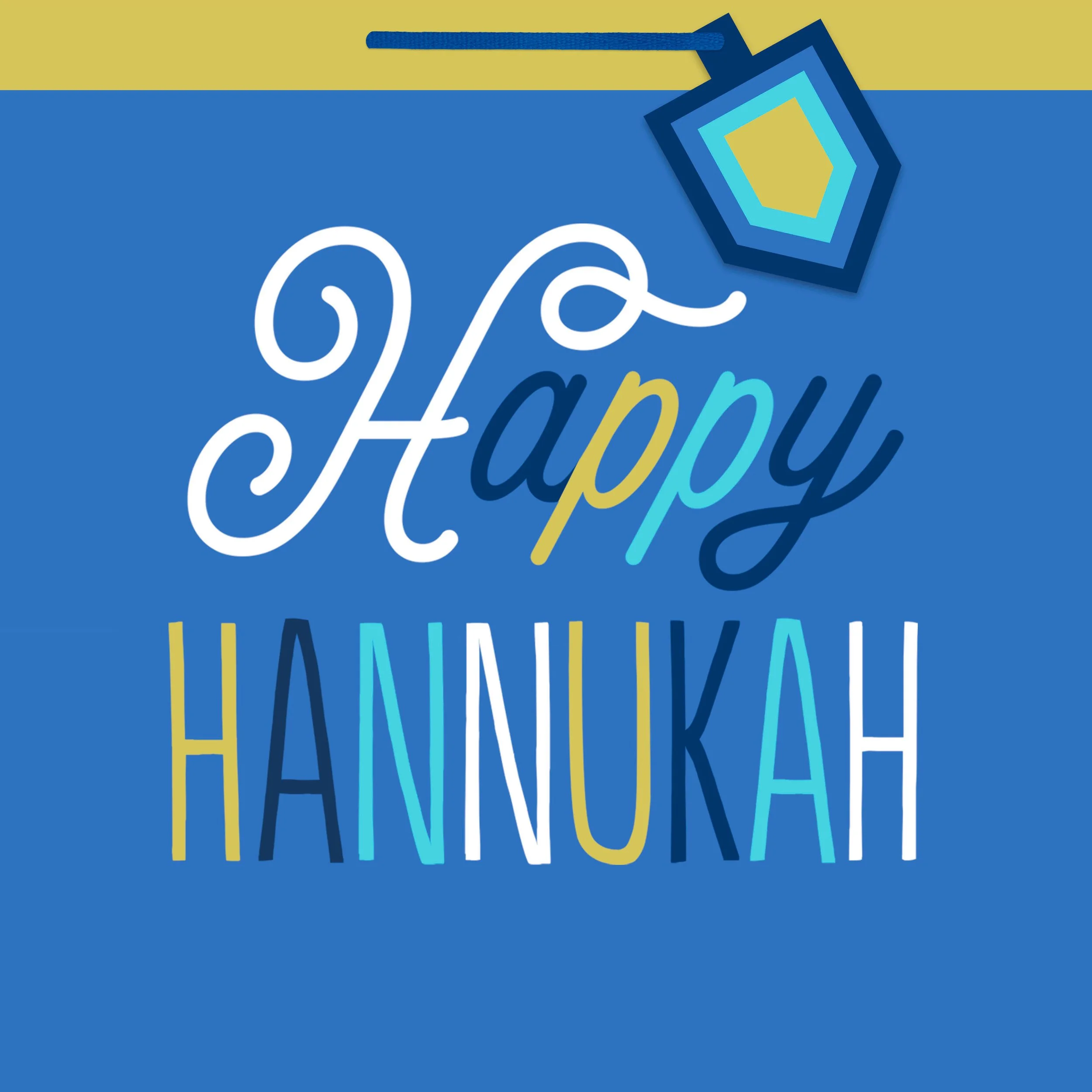 Colorful graphic design with diagonal text reading 'Happy' in a mix of blue, yellow, and white colors on a dark blue background, with a geometric tag in the top right corner.