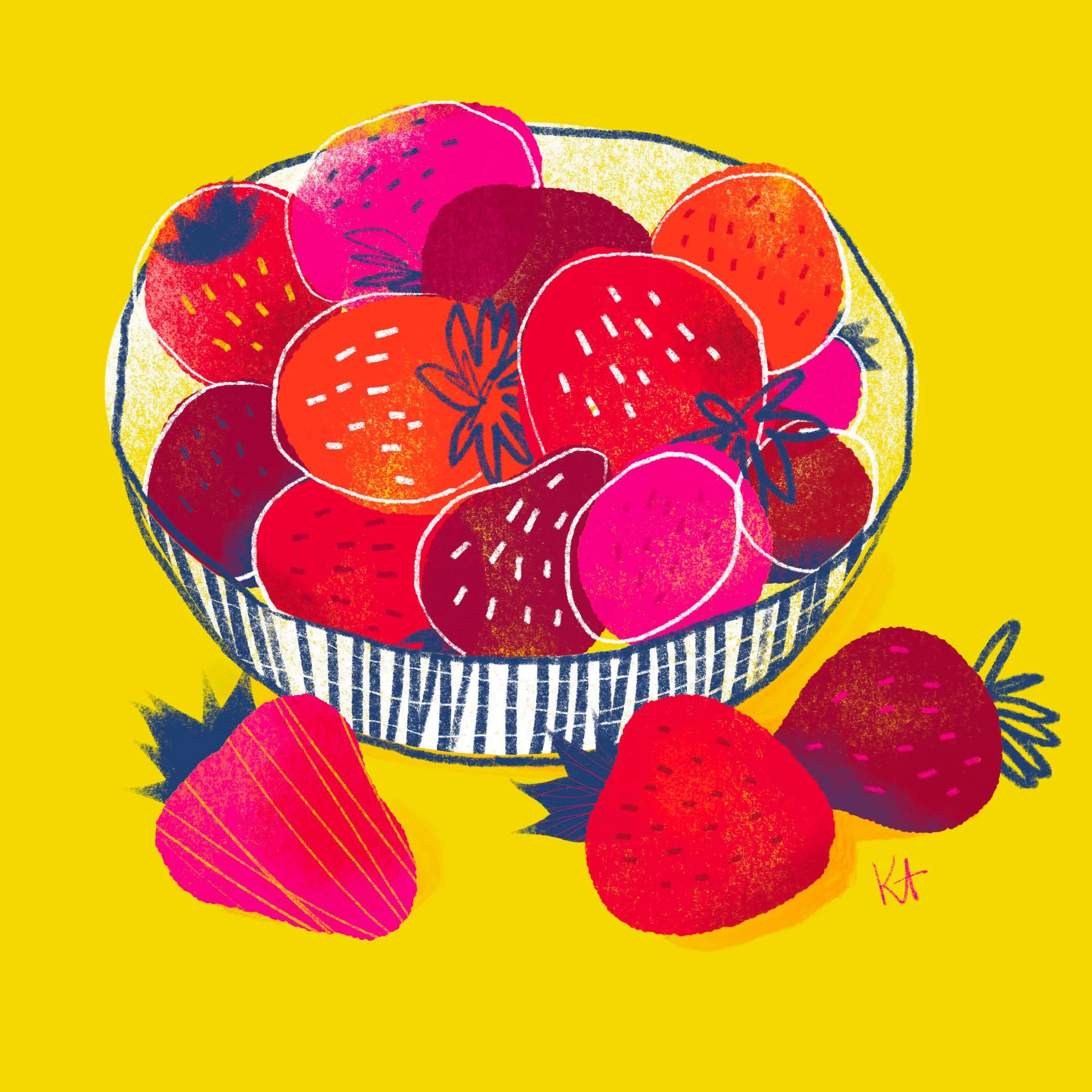 A colorful illustration of a bowl filled with strawberries and a few scattered around it, set against a bright yellow background.