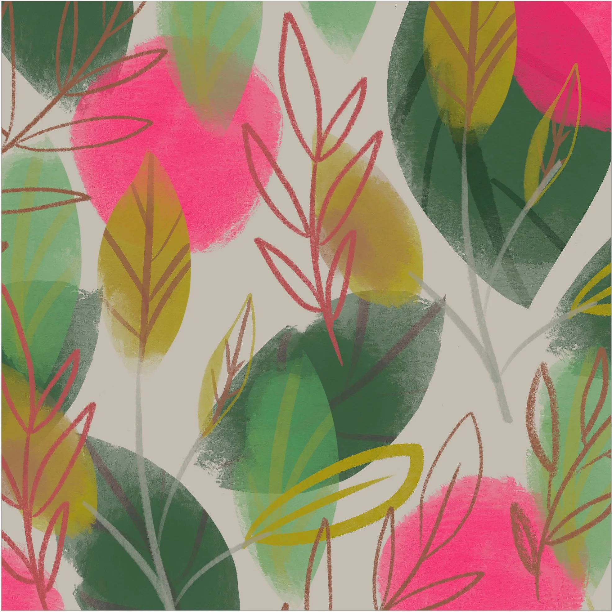 Abstract floral pattern with green, pink, yellow, and beige watercolor textures and outlined leaf shapes.