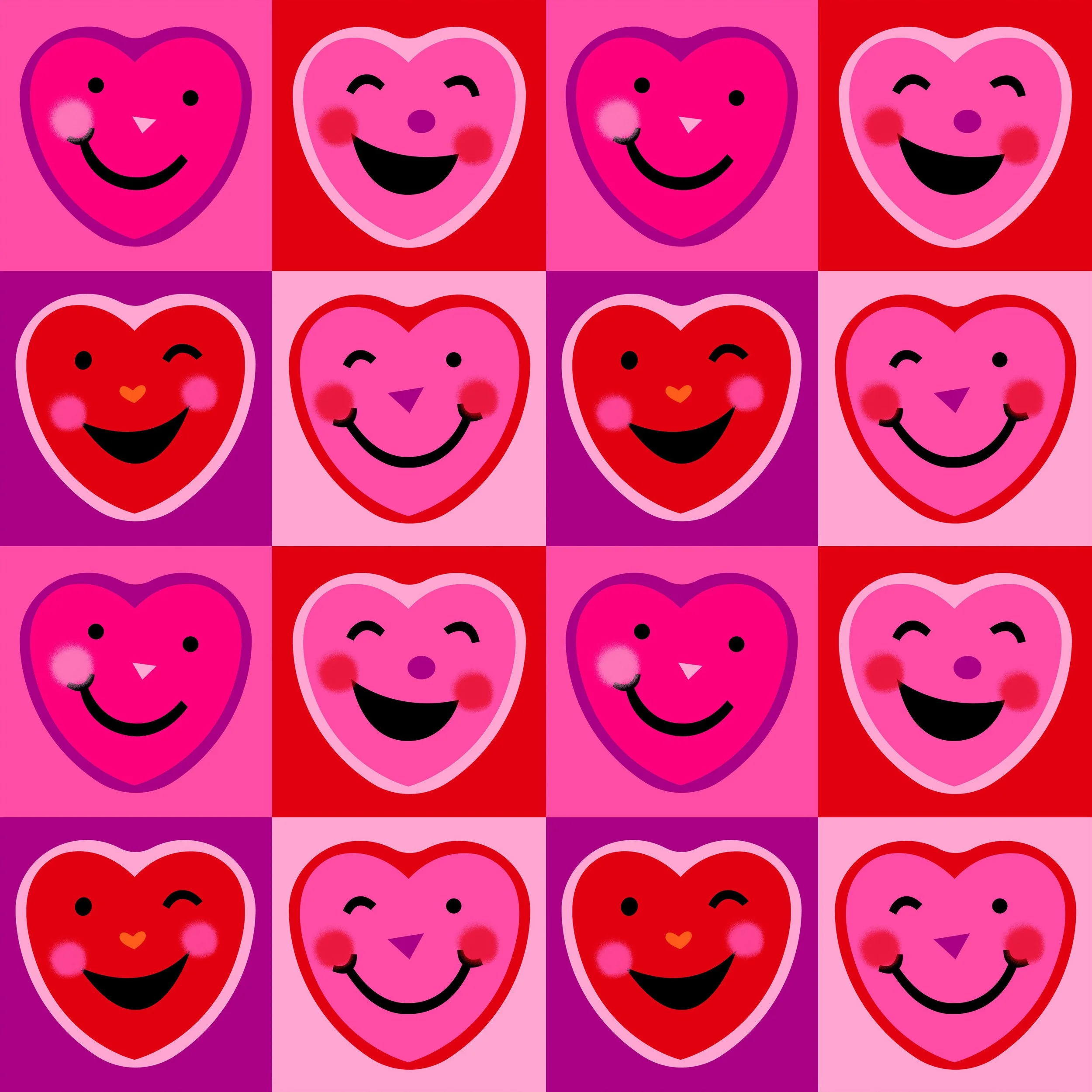 A pattern of cute happy heart faces, smiling and winking on a background with bright pink and red squares.