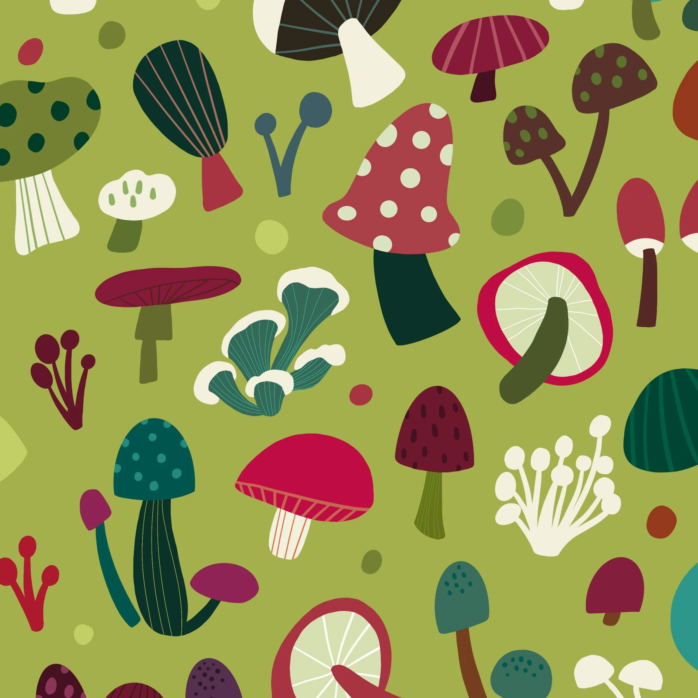 Pattern of various stylized mushrooms on a green background, with different shapes, colors, and patterns.