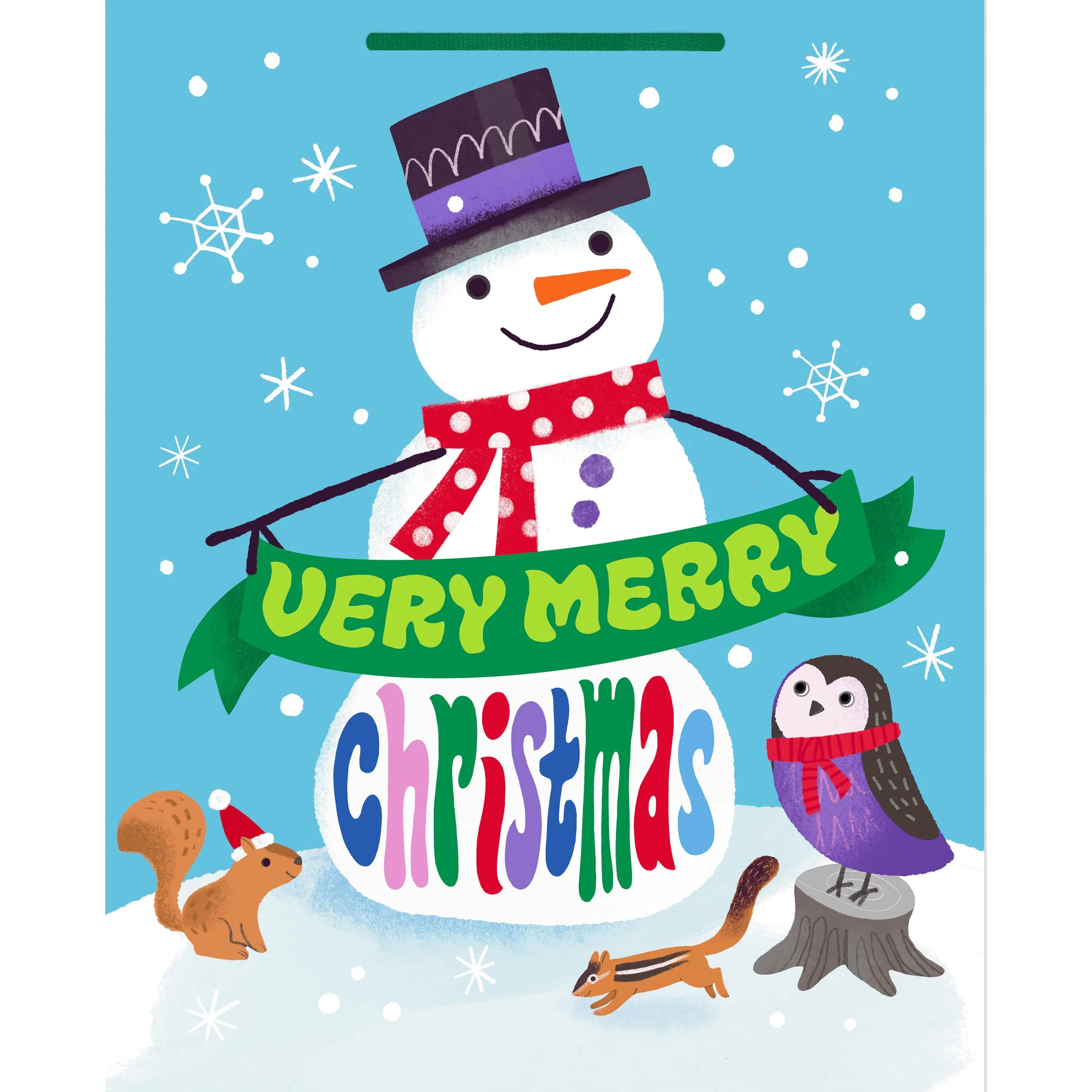 A festive holiday illustration featuring a smiling snowman wearing a purple top hat and a red polka-dotted scarf, surrounded by falling snowflakes, with animals including a squirrel, a beaver, a chipmunk, and a raccoon, and a rainbow-colored banner w
