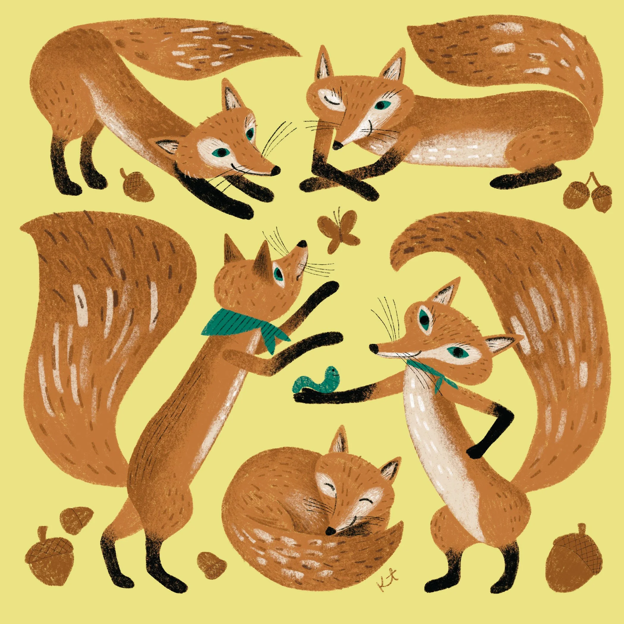 Healthy two foxes with orange-brown fur and white chests, standing near acorns and a butterfly on a yellow background.