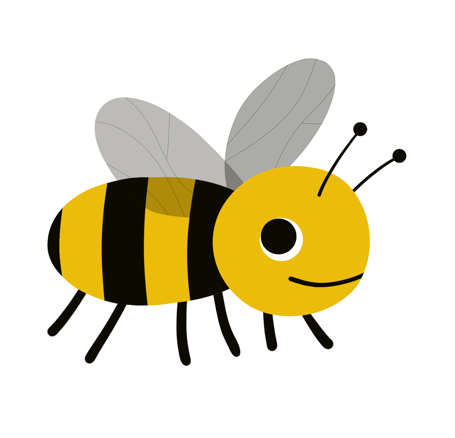 A cartoon illustration of a smiling bee with black and yellow stripes, gray wings, black legs, and antennae, featuring a large black eye with a white highlight.