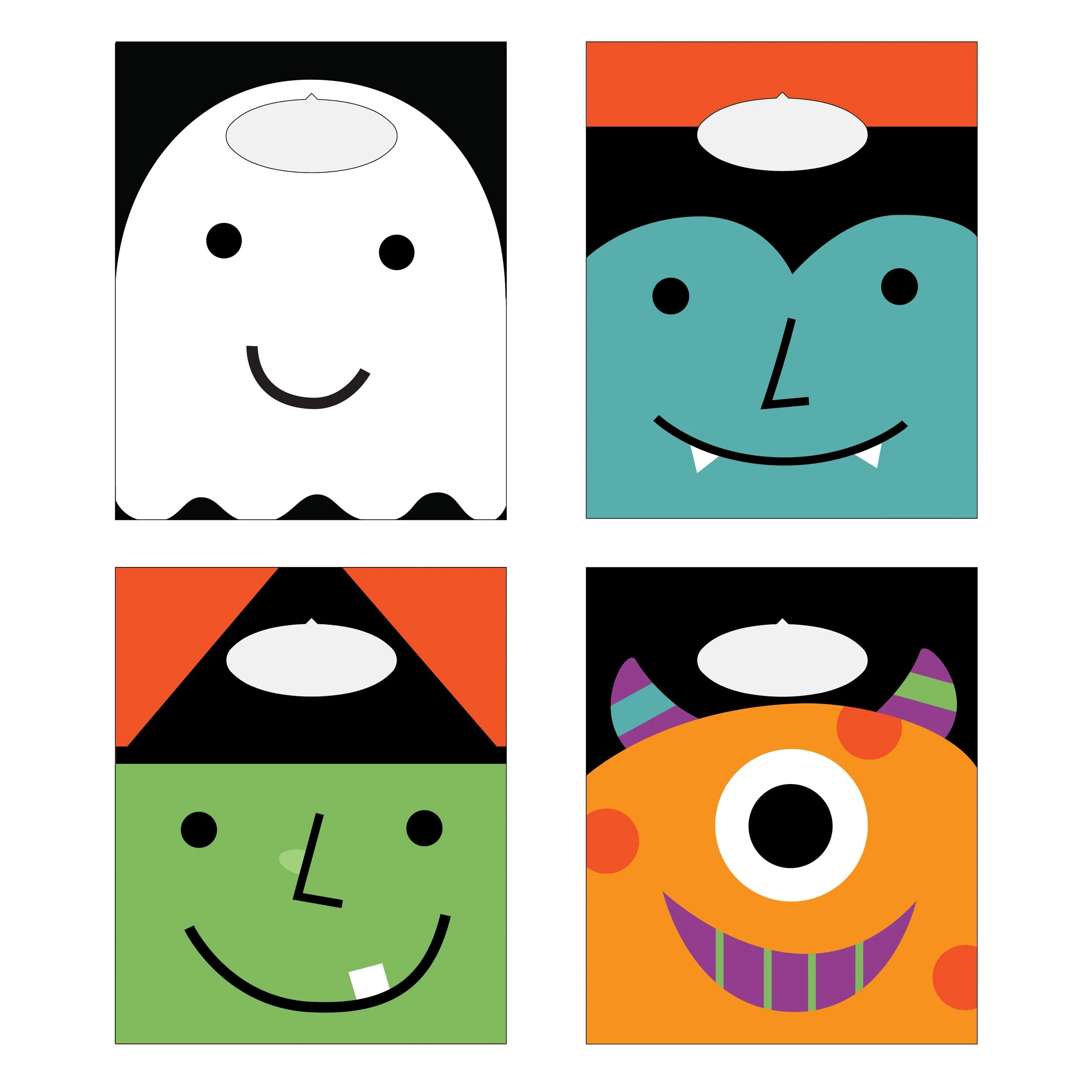 Series of four cartoon Halloween monster faces with distinct colors and expressions, each inside a square background.