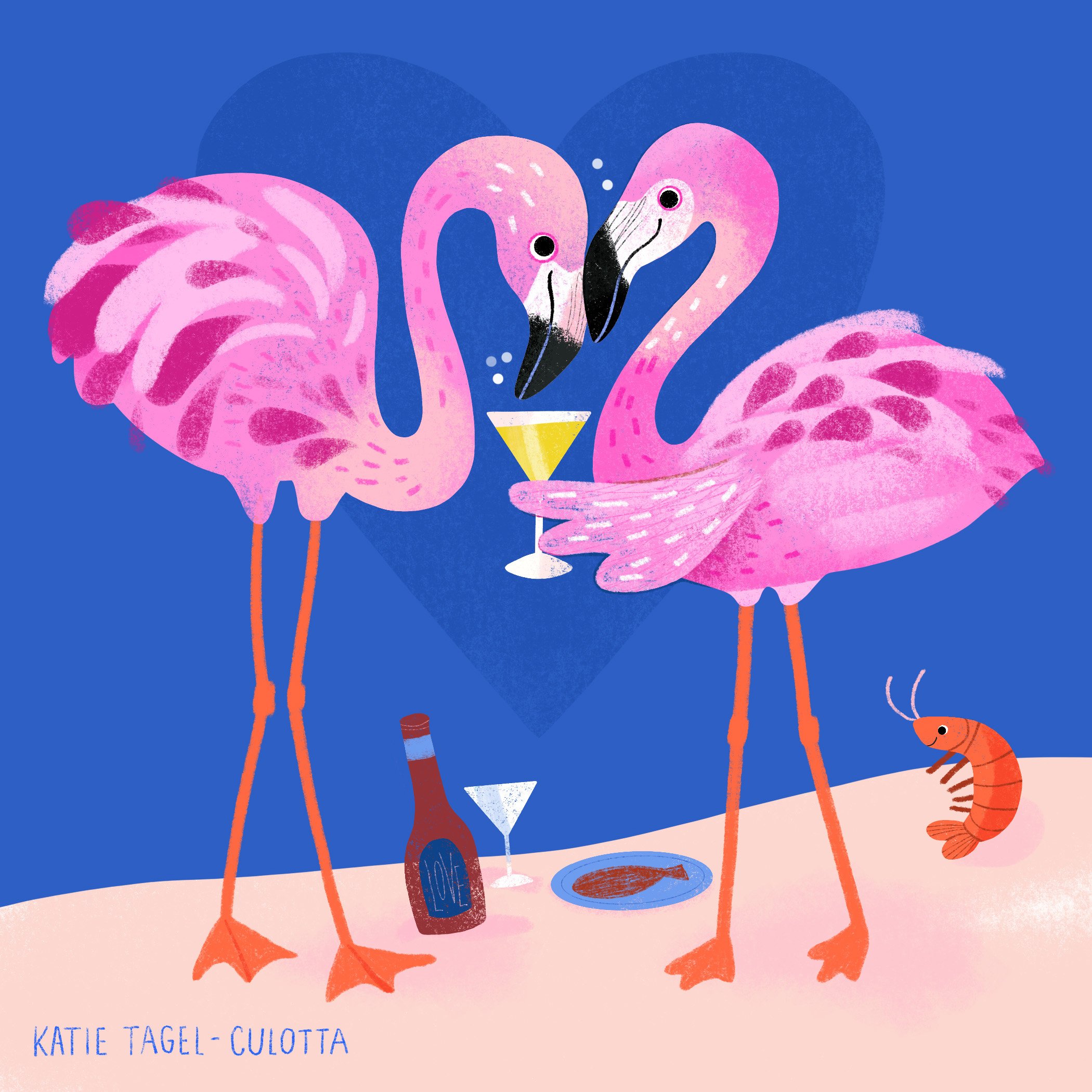 Illustration of four pink flamingos with black beaks, long necks, and orange legs, standing on a pink surface against a blue background. One flamingo is holding a yellow cocktail glass, and a small striped orange shrimp is nearby. The text 'Katie Tag