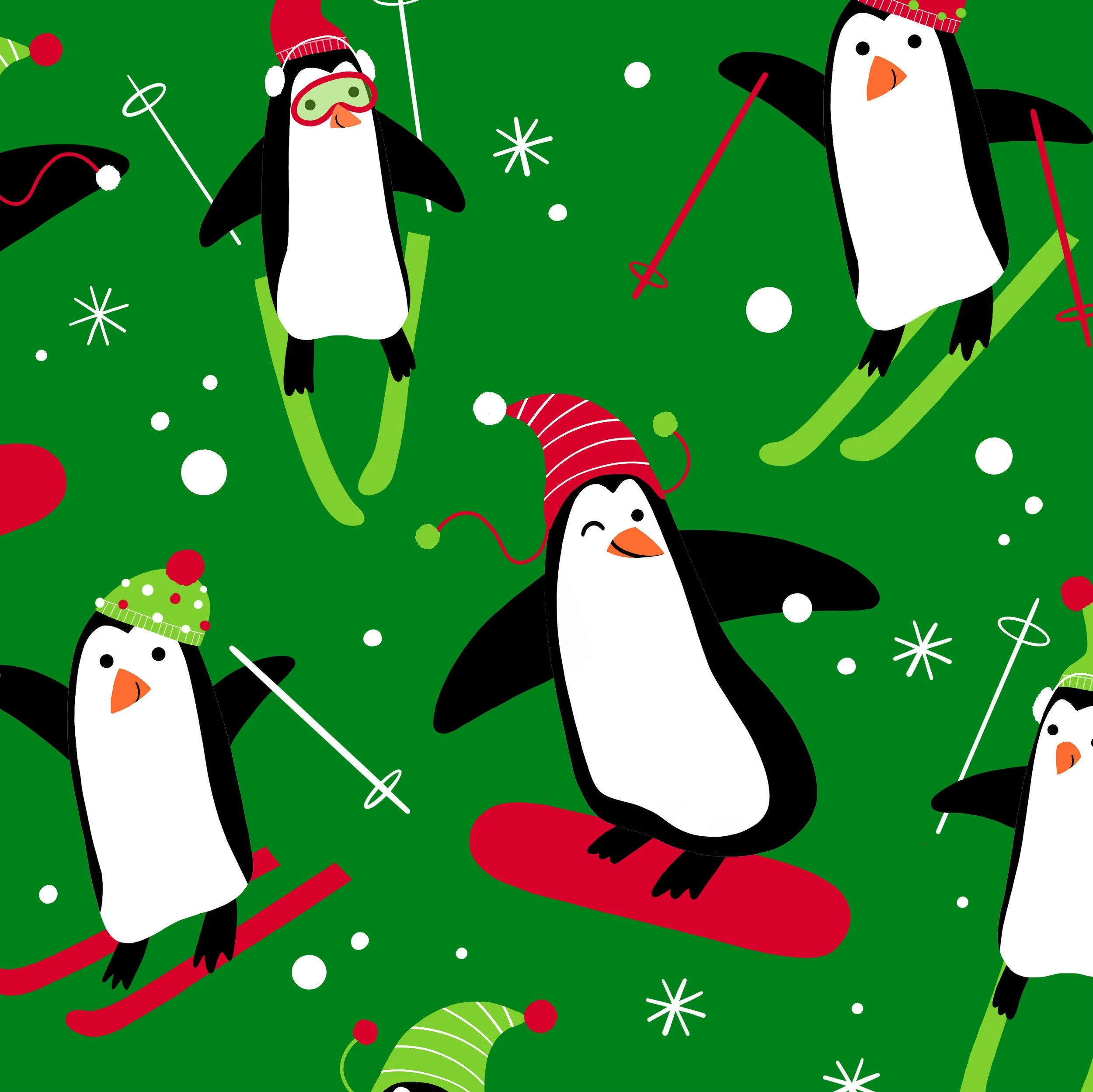 Pattern of animated penguins wearing red and green holiday accessories, skateboarding and playing in a festive Christmas-themed background with snowflakes, ornaments, and holly symbols on a green background.