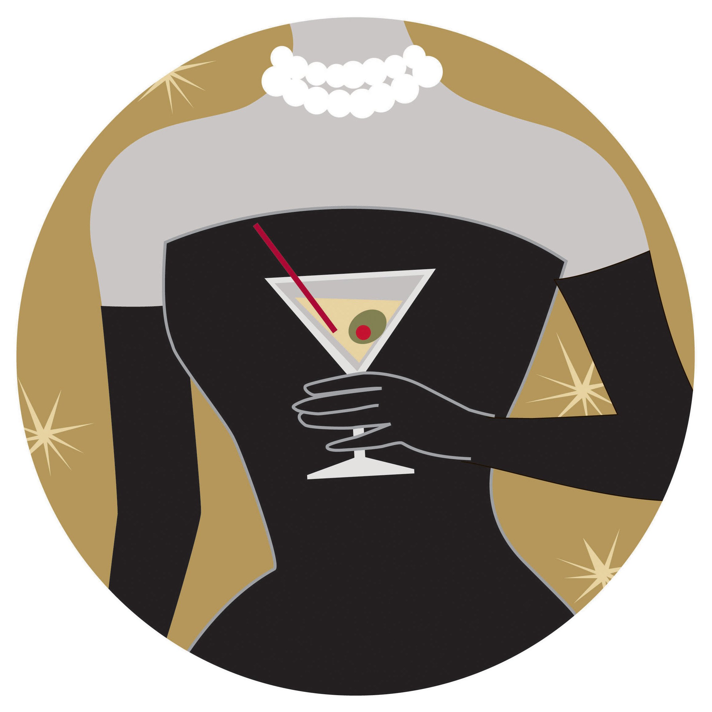 Close-up illustration of a person with blonde hair. The person is holding a cocktail glass with a drink and a lime wedge, wearing a black suit with a white shirt, and has a diamond ring on their finger.