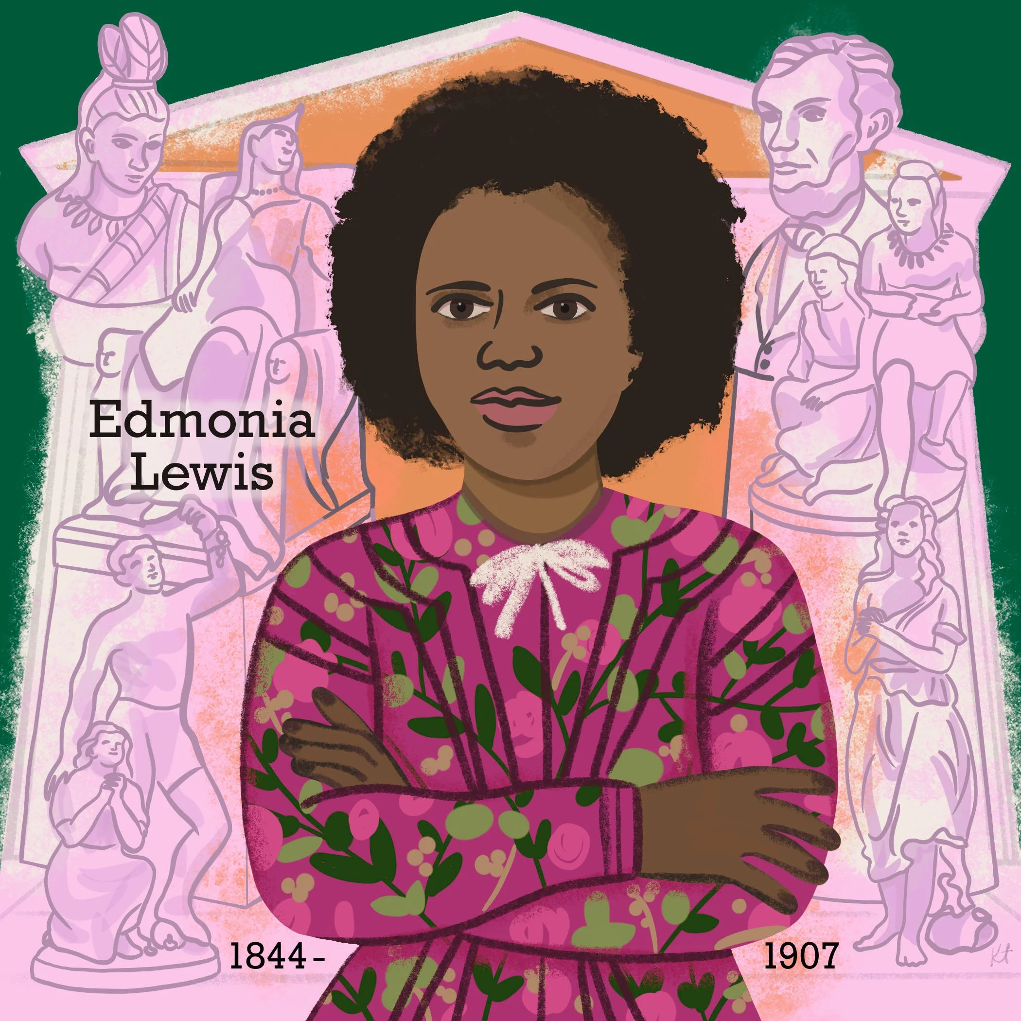 Illustration of a woman with dark, curly hair wearing a purple dress with green and yellow floral pattern. Behind her is a pink and orange architectural structure with many line drawings of historical figures in purple outlines, including busts and f