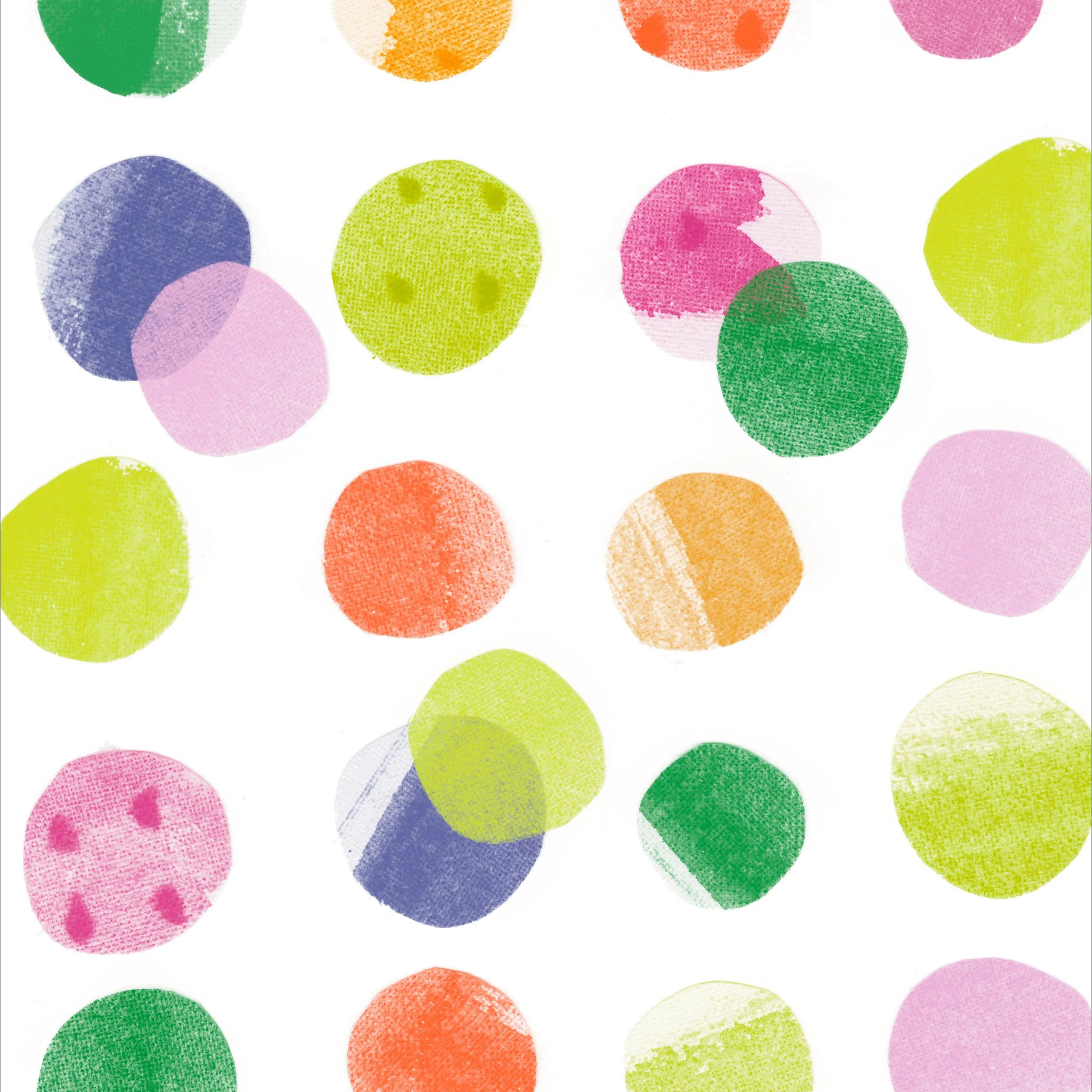 Colorful watercolor circles in pink, purple, yellow, green, orange, red, and blue on a white background.