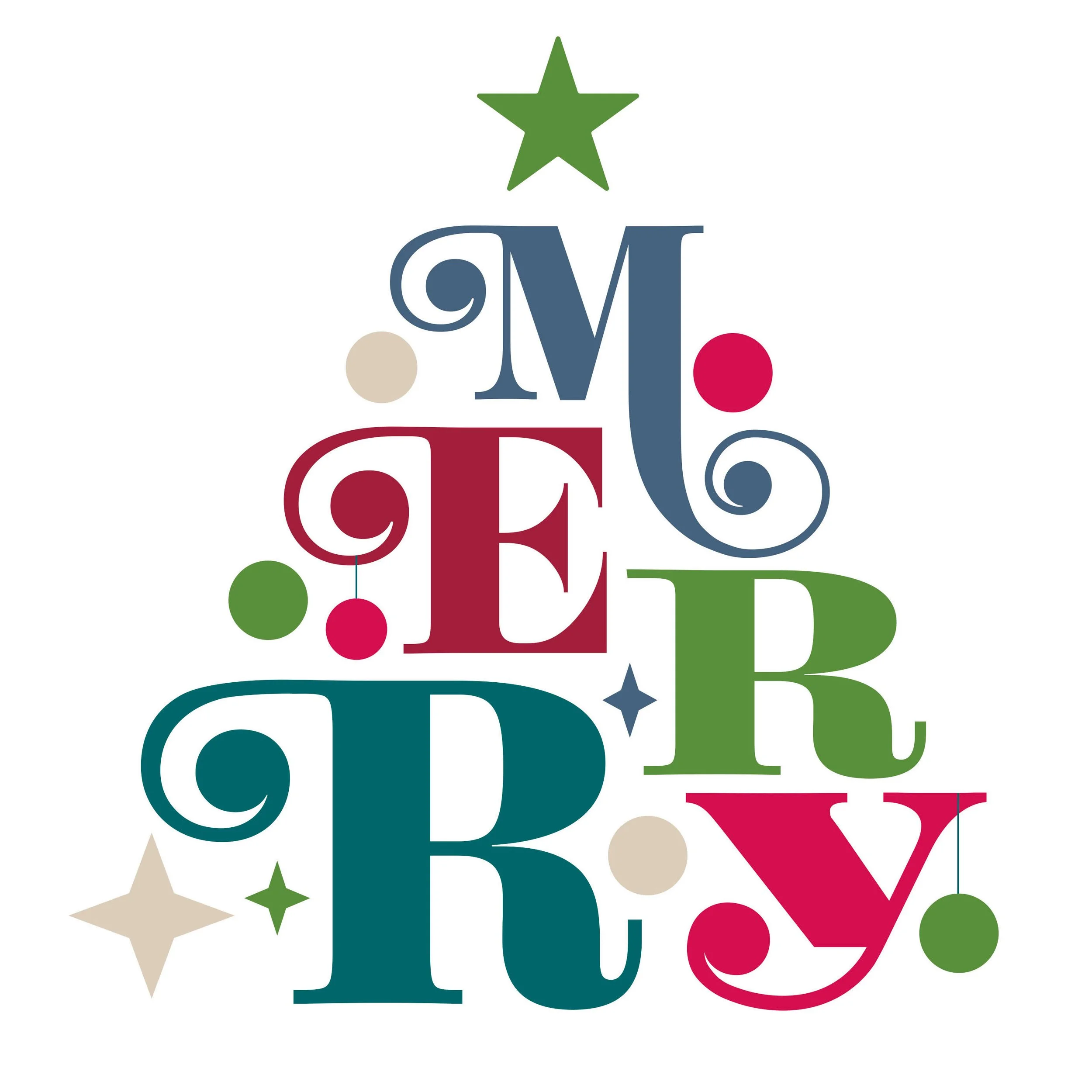 Colorful holiday-themed text with various shapes and ornaments arranged vertically.