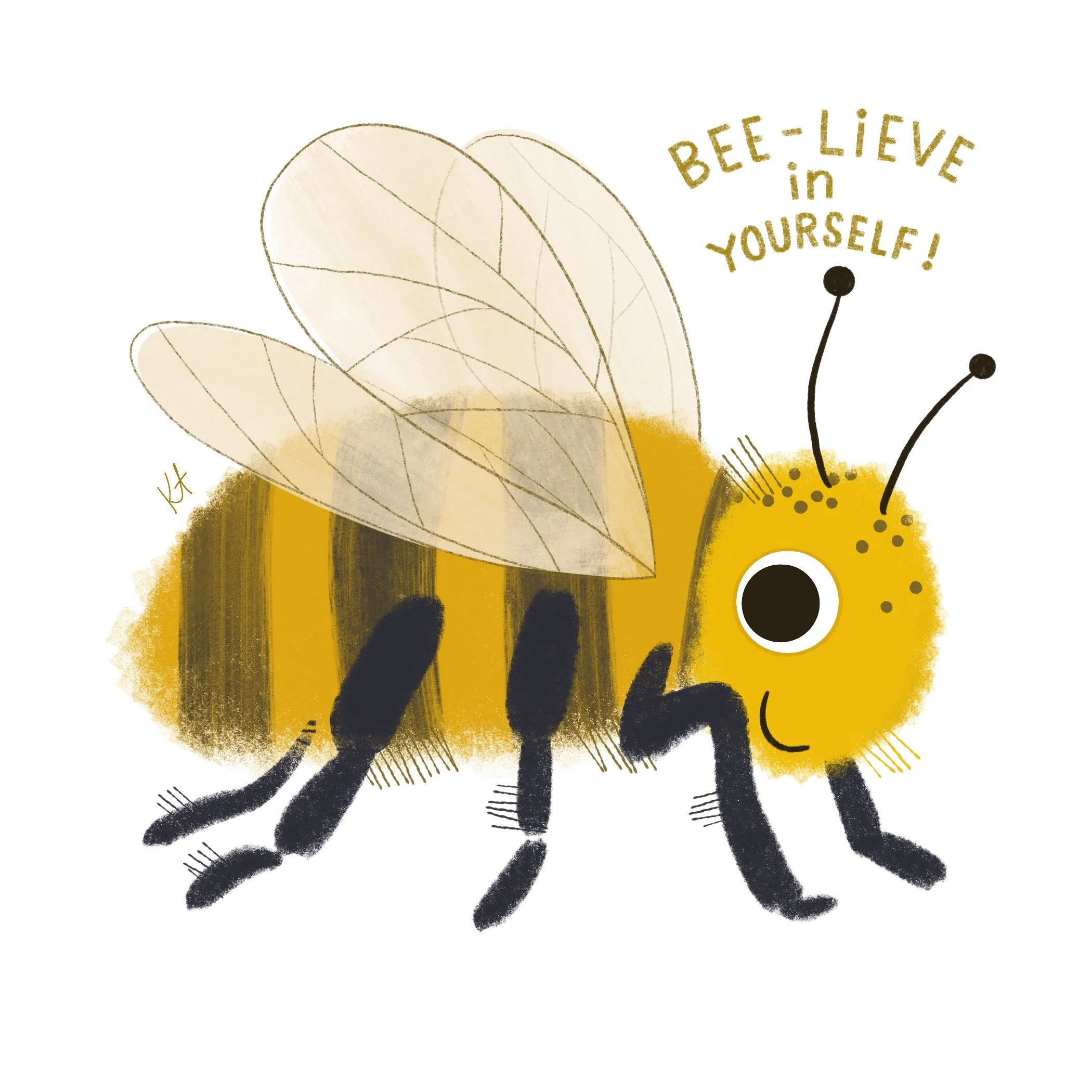 A close-up digital illustration of a bee with black and yellow stripes, black legs, and translucent wings. The bee's antennae are curved and black, and it is positioned against a white background with yellow and black abstract paint splatters. To the