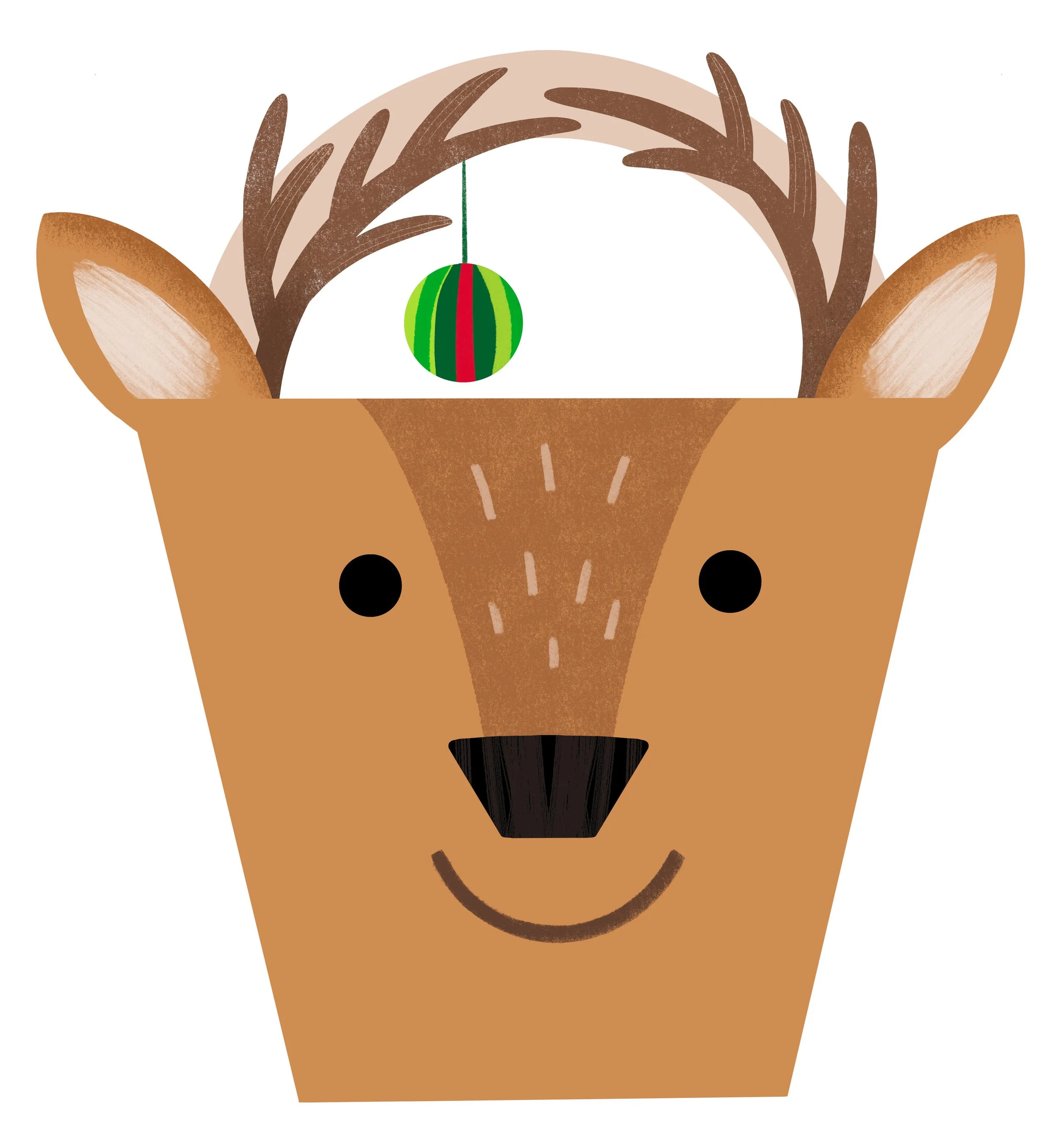 Illustration of a reindeer's face with antlers, ears, and a red and green striped Christmas ornament hanging from the antlers.