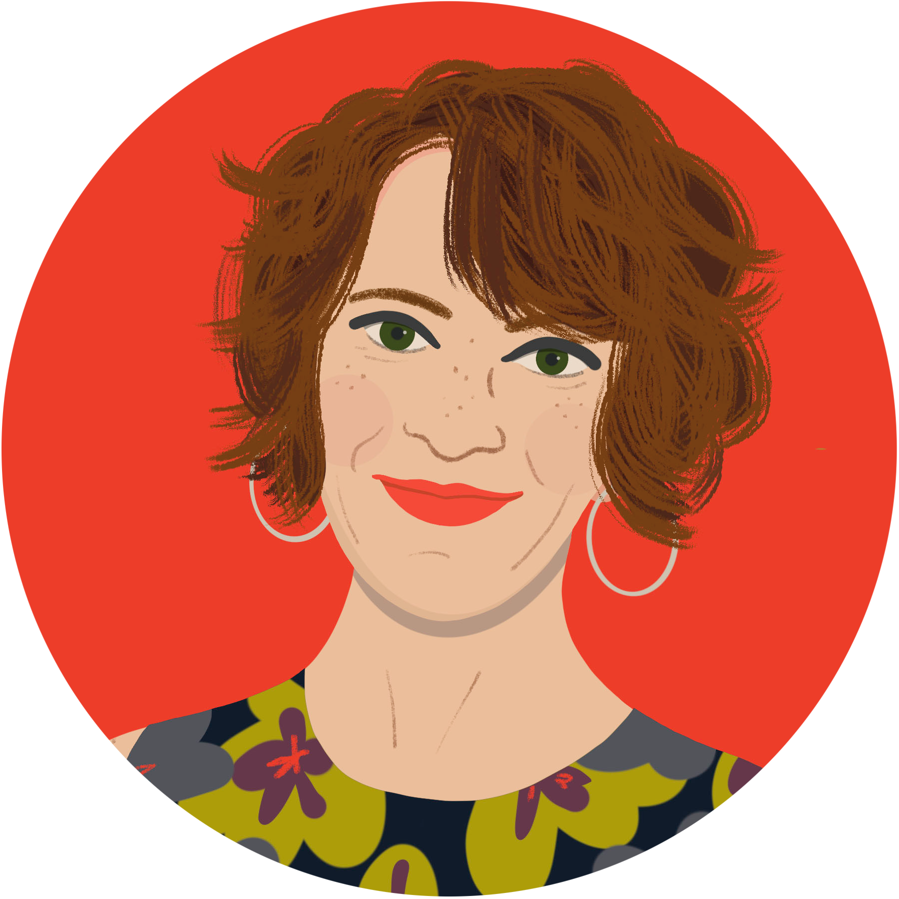 Illustration of a woman with short, curly brown hair, green eyes, and red lipstick, wearing hoop earrings and a colorful blouse with purple and yellow floral patterns, set against a red circular background.