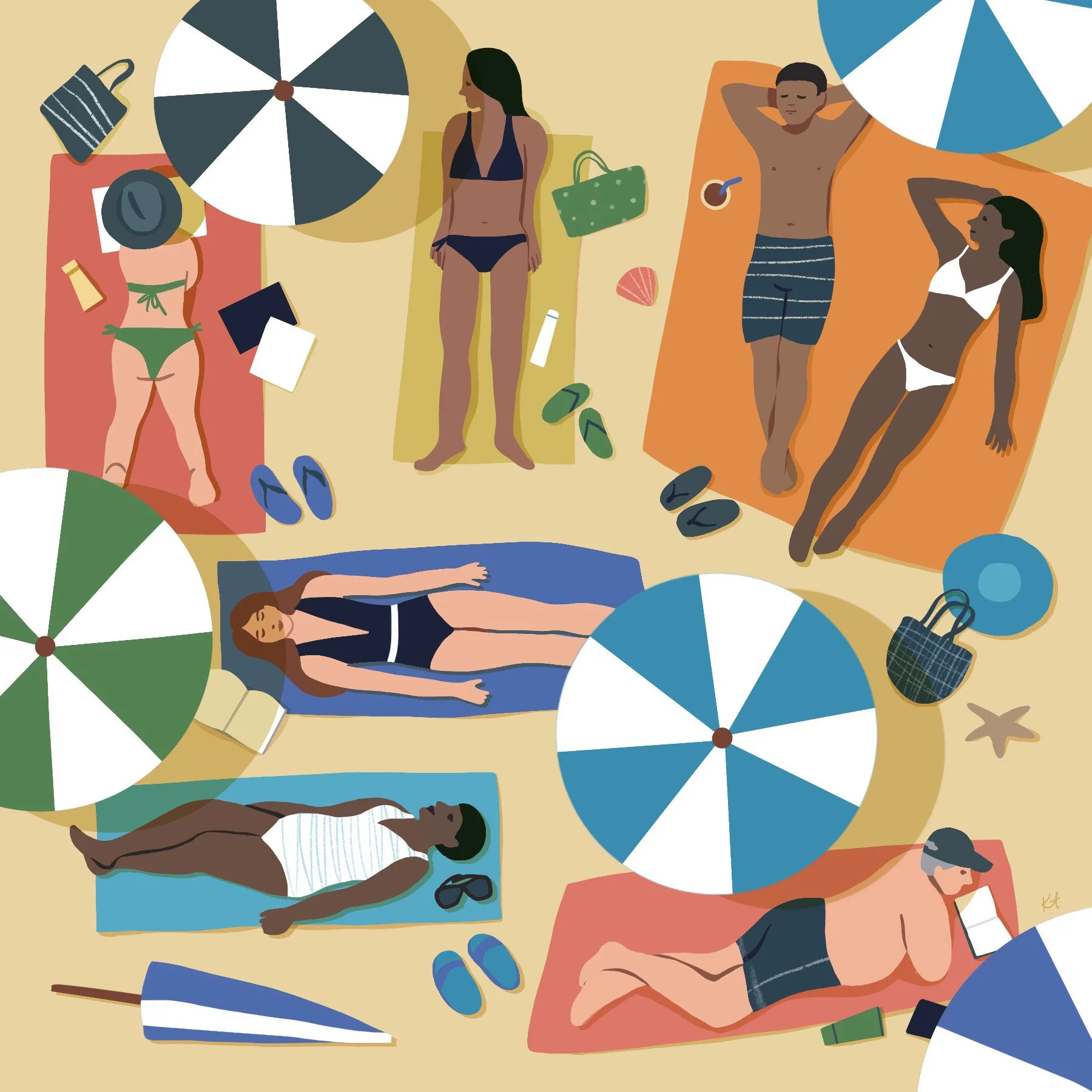 Illustration of people relaxing on the beach under umbrellas, lying on towels, in swimsuits, with accessories like bags, hats, and drinks scattered around.