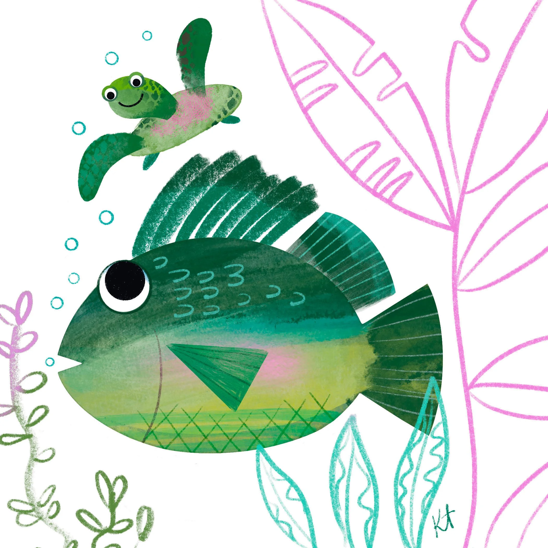 A cute, cartoon-style green fish with big eyes and a smiling face, swimming among abstract colorful shapes and patterns on a white background.